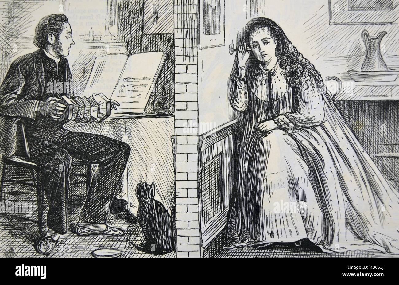 Schwingung der Sound: Mädchen mit einem stethscope gegen die Wand gedrückt zu hören zu kuratieren, die Musik im Haus nebenan. Cartoon von George Du Maurier von ''Punch'', London, 1871. Stockfoto