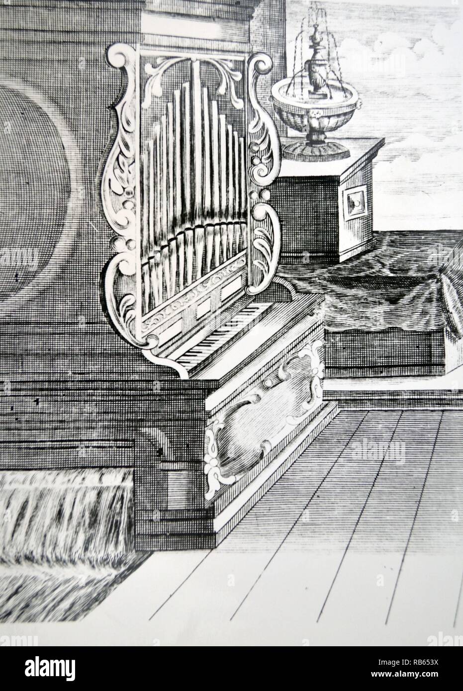 Ein Brunnen und ein Organ arbeiten mit der Kraft des Wassers. Gravur von ''Magia Naturalis'' von Johannes Baptista Della Porta, Nürnberg 1715. Stockfoto
