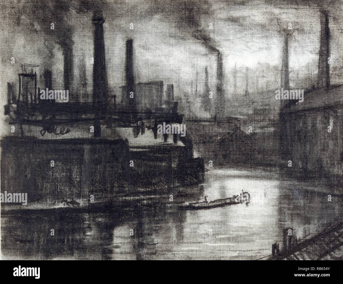 East London von Steffi, Joseph, 1857-1926, Künstler [1908], die auf strukturierten, cremefarbenen Papier. Blick über gekrümmte Fluss, der durch Factory Bezirk, Lon e in kleinen Boot, Vordergrund, Schornsteine aufstoßen schwarzer Rauch darüber hinaus und in der Ferne. Stockfoto