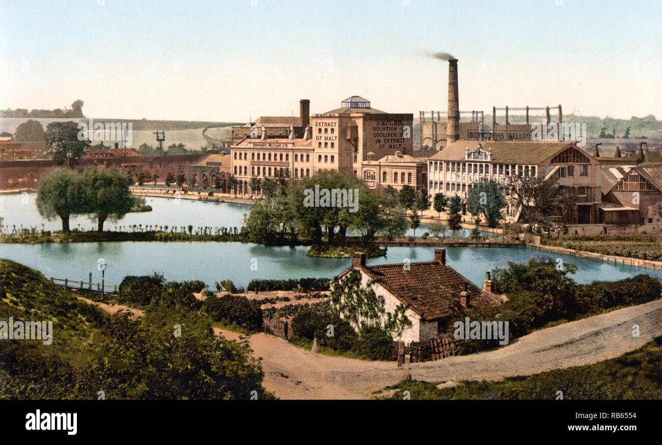 Dartford, Herren Burroughs, Wellcome & Co. Fabrik, England, [bis ca. 1890 ca. 1900]. Photochrom, Farbe. Stockfoto