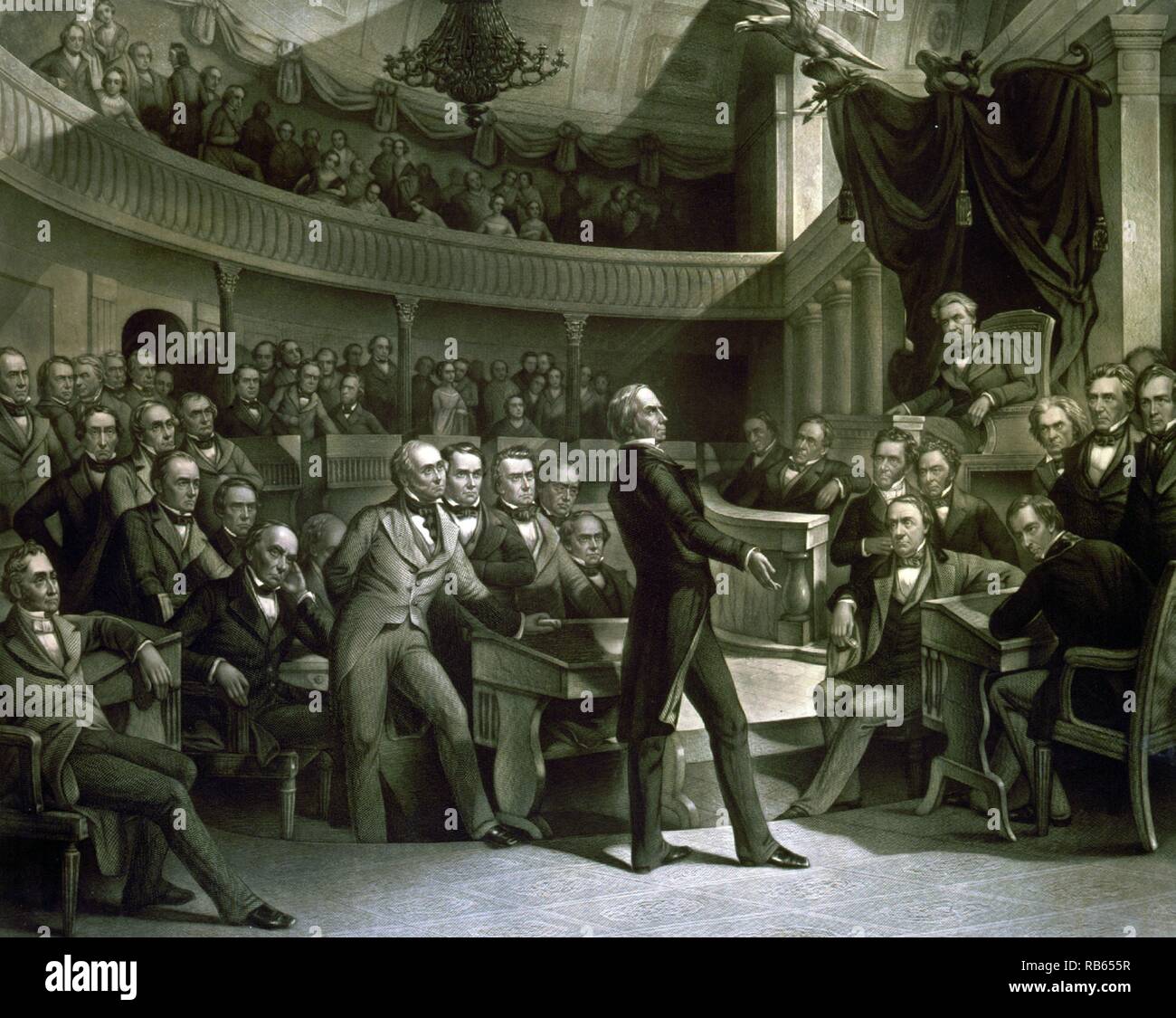 Der Senat der Vereinigten Staaten. Senator Henry Clay sprechen über den Kompromiss von 1850 Im alten Plenarsaal des Senats. Daniel Webster ist links von Ton und John C Calhoun links neben dem Lautsprecher sitzen. Stockfoto