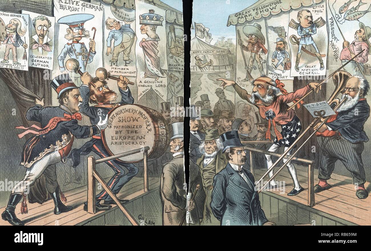 Die großen Rivalen adverting zeigt Bestände zu "Boom" von Bernard Gillam; 1856-1896. Drucken zeigt Henry Villard Werbung der Northern Pacific Railroad und Rufus Luke Werbung Yellowstone Park Unternehmen zu amerikanischen und europäischen Investoren. Stockfoto