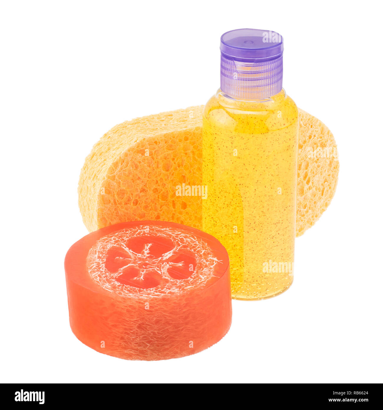 Kosmetische Scrub, Schwamm und Seife Dusche Stockfoto