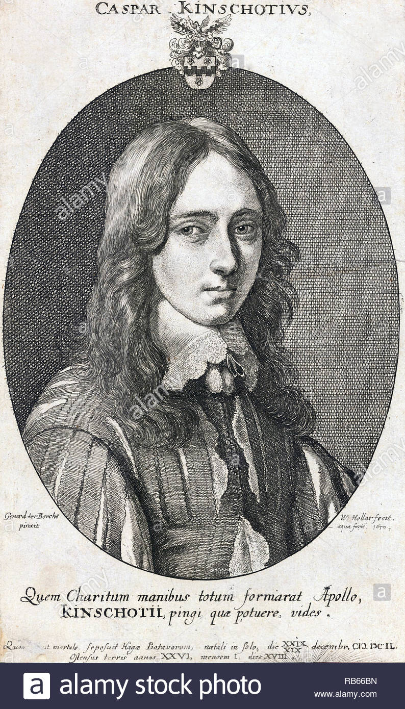Caspar Van Kinschot Porträt, 1622 - 1646, war ein niederländischer Jurist und Dichter, Radierung von Böhmische Kupferstecher Wenzel Hollar ab 1650 Stockfoto