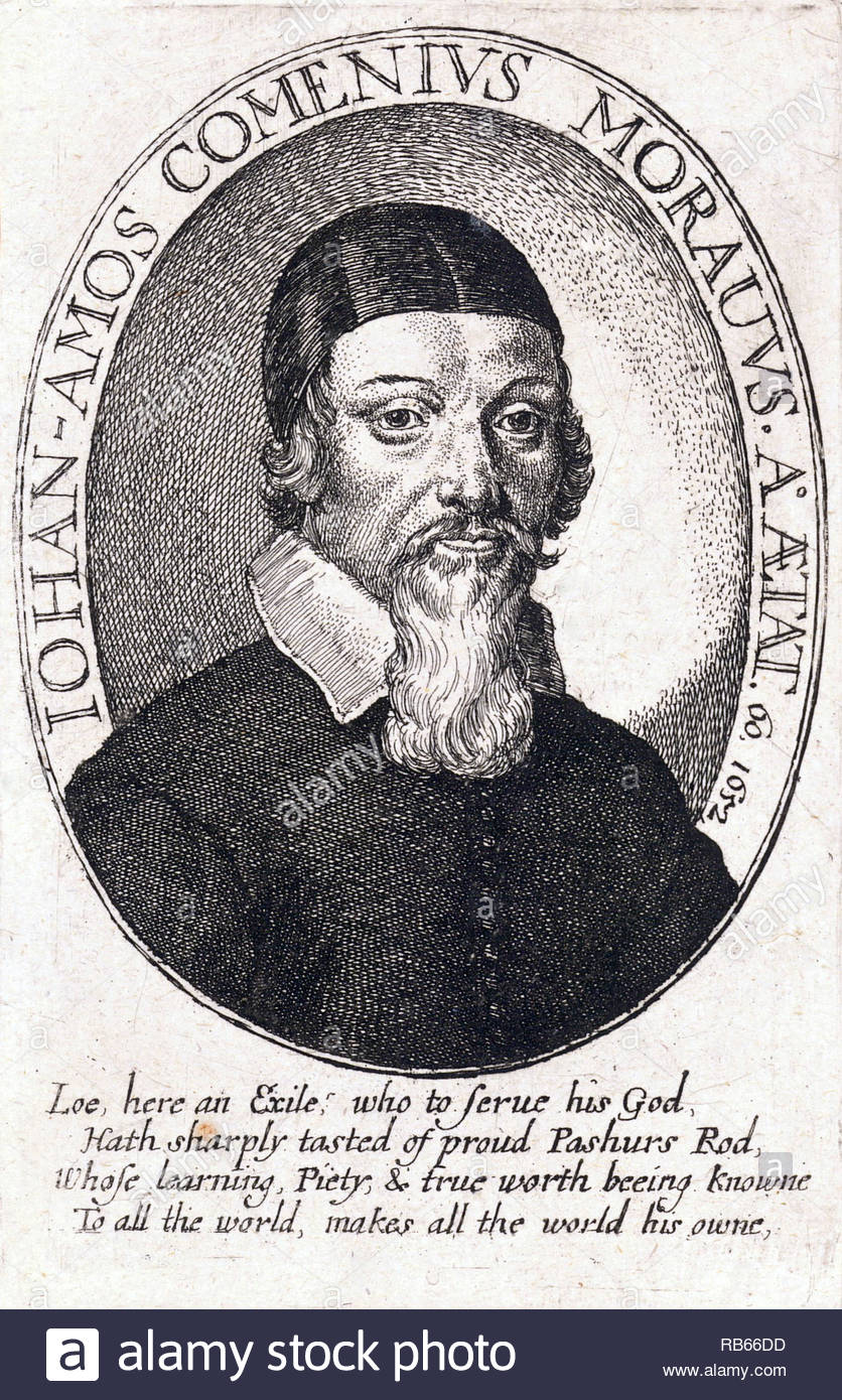 John Amos Comenius Porträt, 1592 - 1670, war ein tschechischer Philosoph, Pädagoge und Theologe aus der Markgrafschaft Mähren und ist der Vater der modernen Bildung betrachtet, Radierung von Böhmische Kupferstecher Wenzel Hollar aus 1600s Stockfoto