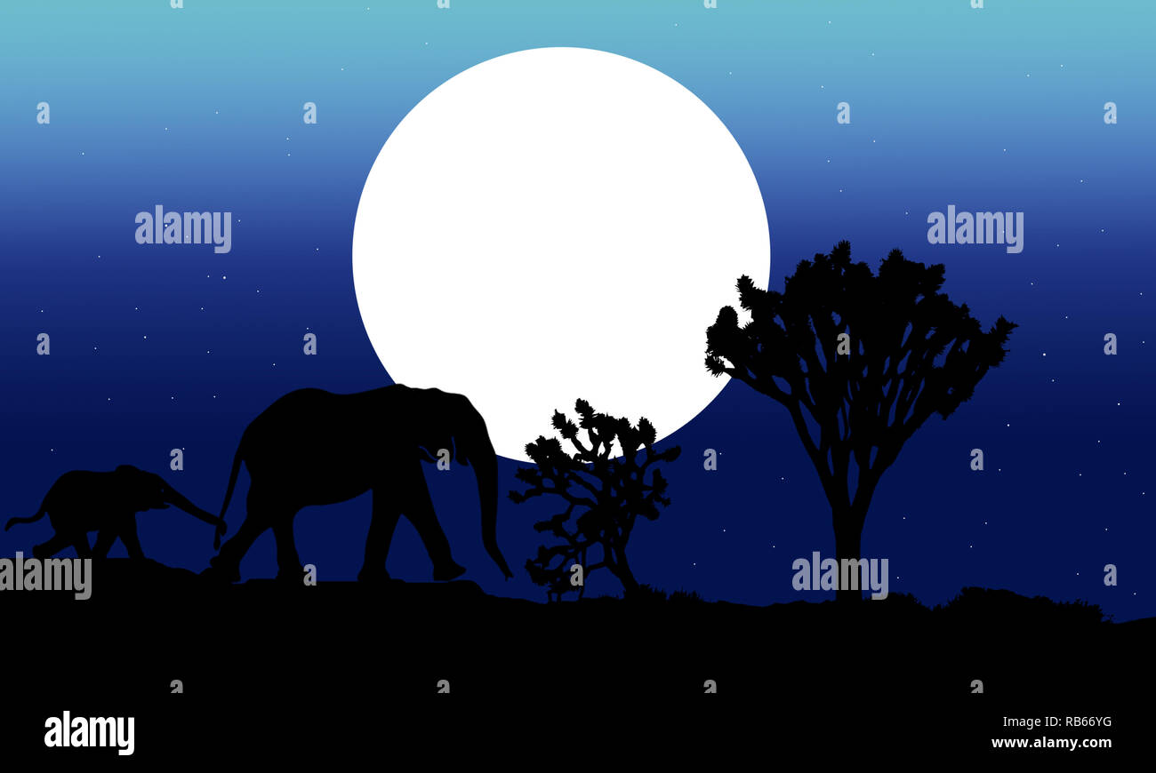 Silhouette von Mutter und Baby Elefanten auf Nacht Hintergrund. Afrikanische Natur Landschaft auf blauen Gradienten Hintergrund Abbildung. Elefanten bei Sonnenuntergang. Stockfoto