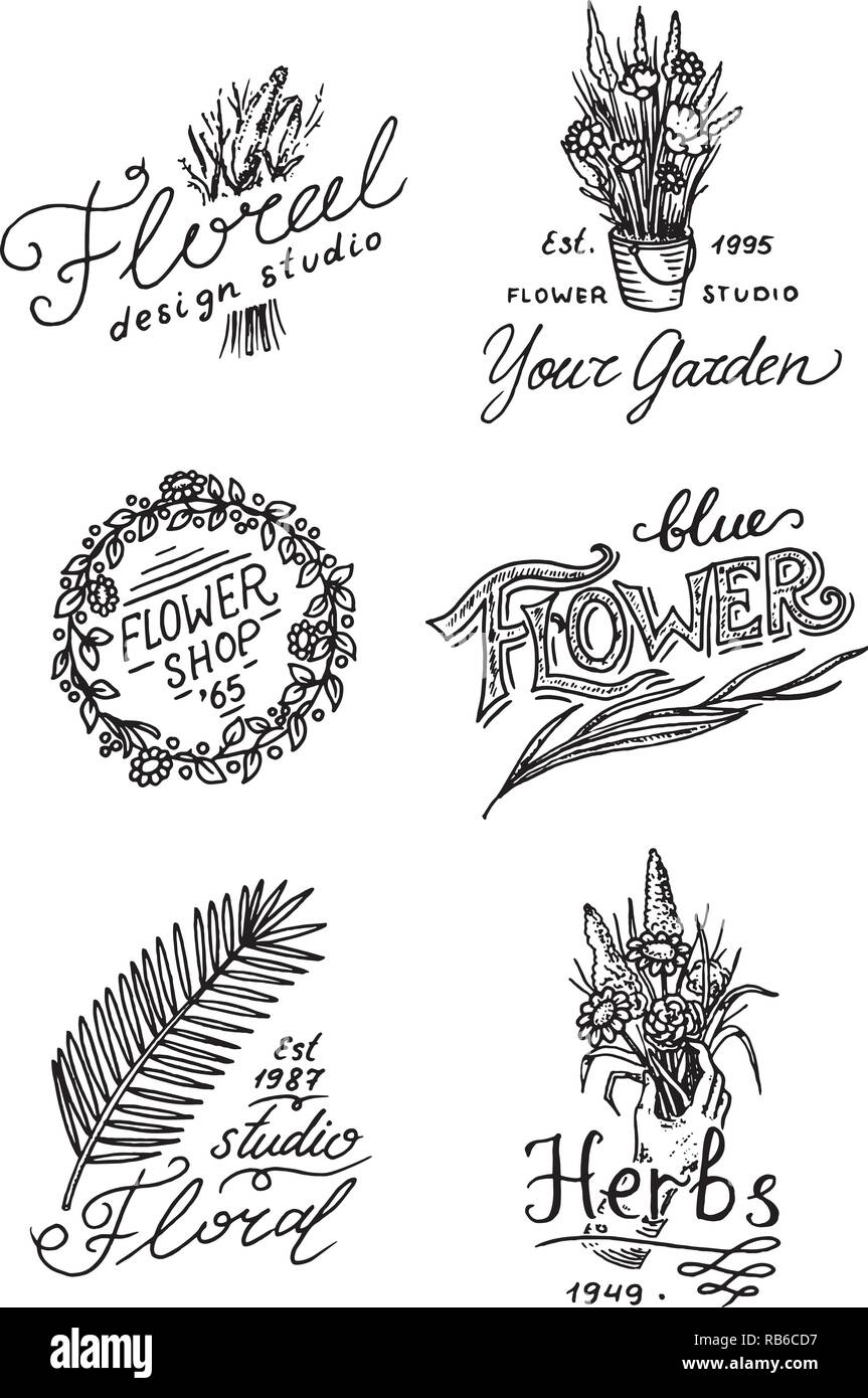 Flower Shop Embleme und Logos. Vintage Bouquet. Gartenarbeit Zeichen und retro Label. Hand gezeichnet Abzeichen. Florale vorlagen. Stock Vektor