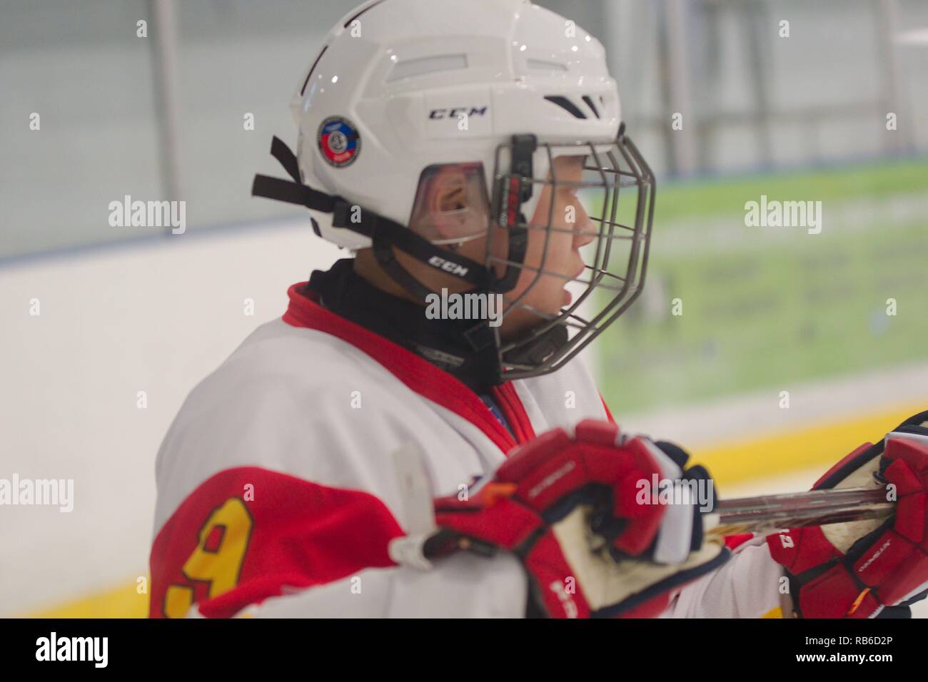 Dumfries, Großbritannien. 7. Januar 2019. Zifei Liao spielen für China im Jahr 2019 Eishockey U18-Weltmeisterschaft, Division 1, Gruppe B, an der Dumfries Eis Schüssel. Credit: Colin Edwards/Alamy leben Nachrichten Stockfoto