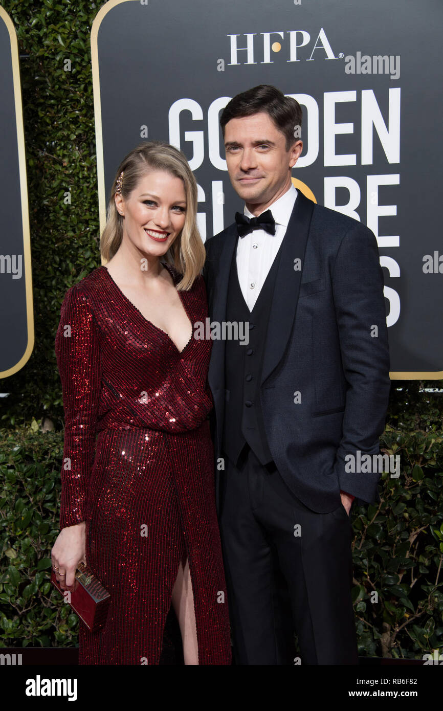 Beverly Hills, USA. 06 Jan, 2019. Topher Grace und Ashley Hinshaw nehmen an der 76. jährlichen Golden Globe Awards im Beverly Hilton in Beverly Hills, CA am Sonntag, 6. Januar 2019. Credit: PictureLux/Hollywood Archiv/Alamy leben Nachrichten Stockfoto