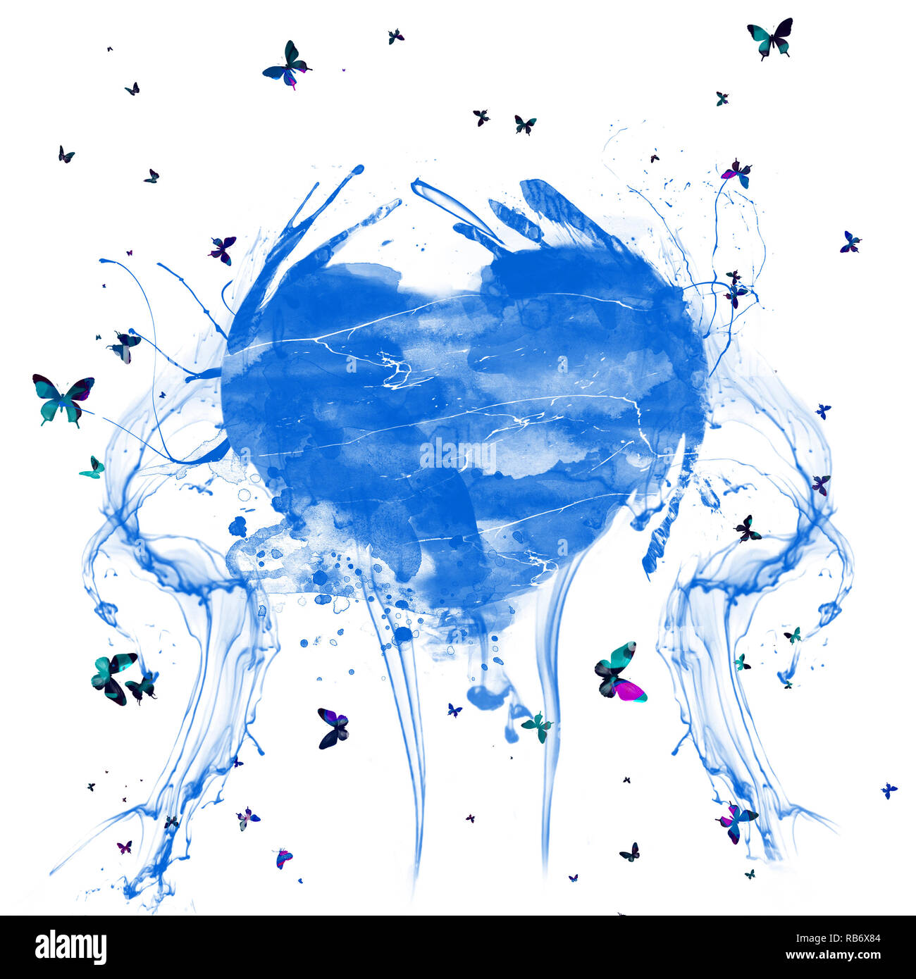 Abstrakte Aquarell Spritzer Blau Herz Herz Mit Bunten Schmetterlingen Stockfotografie Alamy