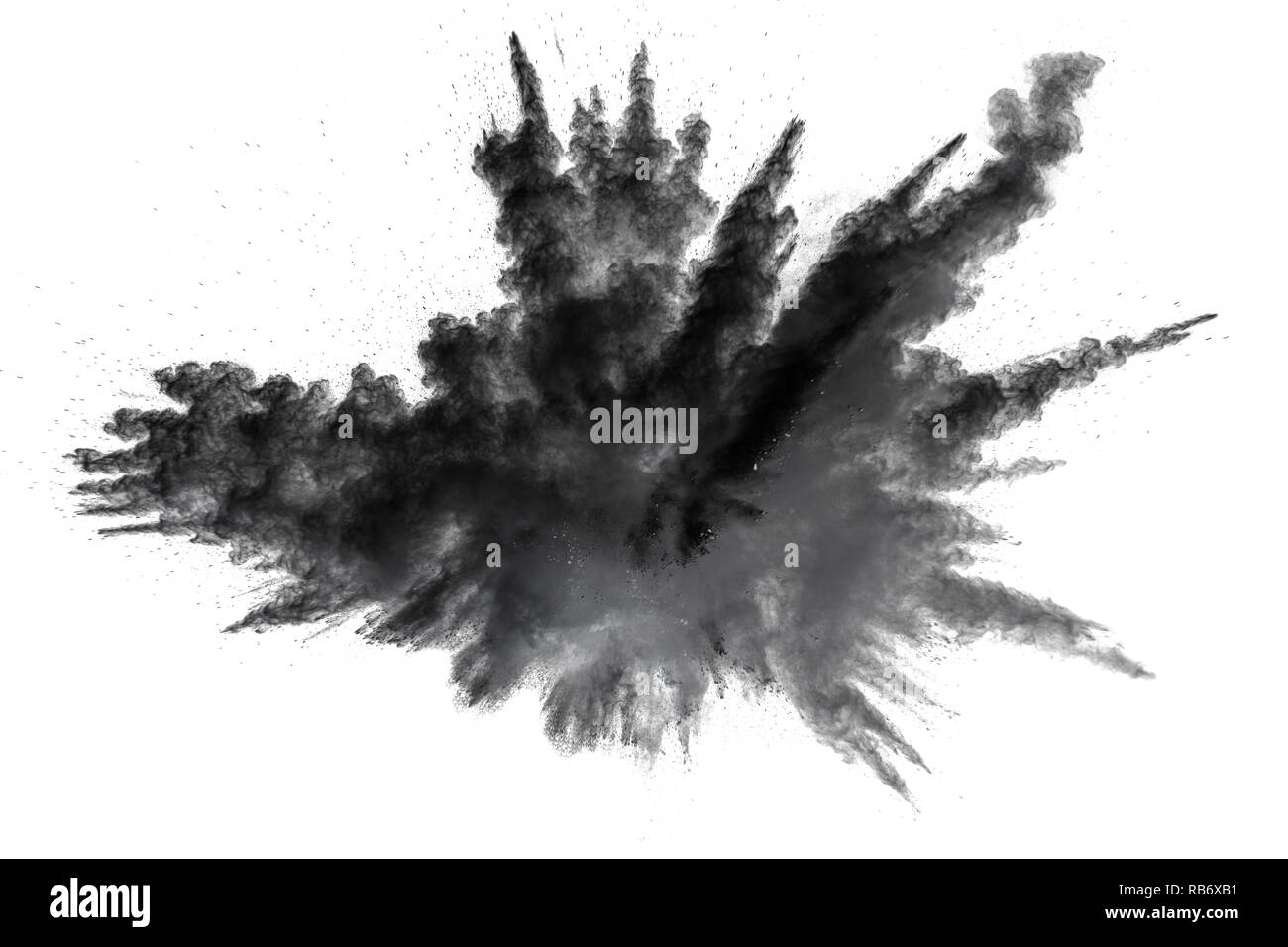 Schwarzes Pulver Explosion gegen den weißen Hintergrund. Holzkohle exhaie Staubpartikel in der Luft. Stockfoto