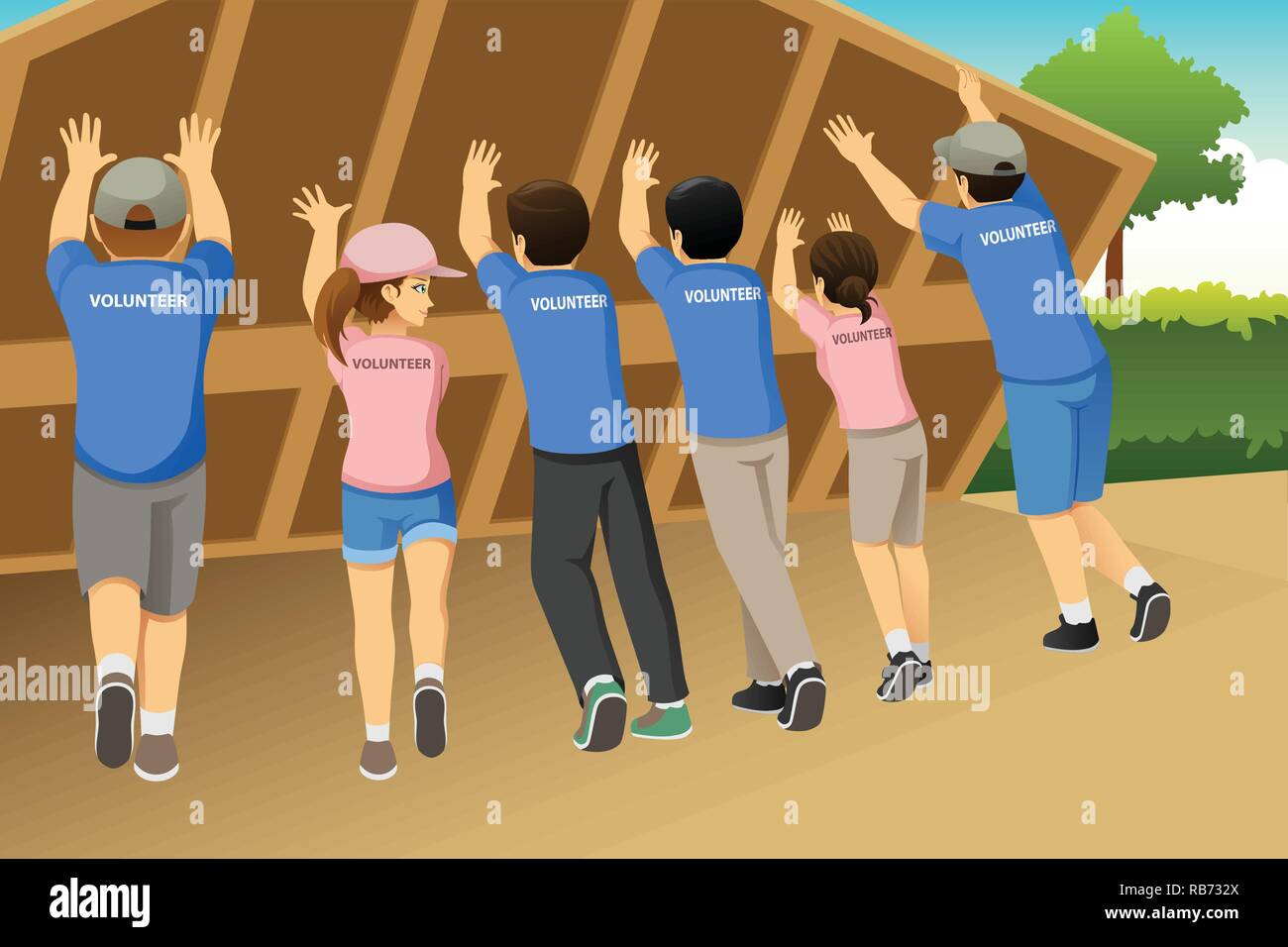 Ein Vektor Illustration der Gruppe von Freiwilligen Gebäude ein Haus zusammen Stock Vektor