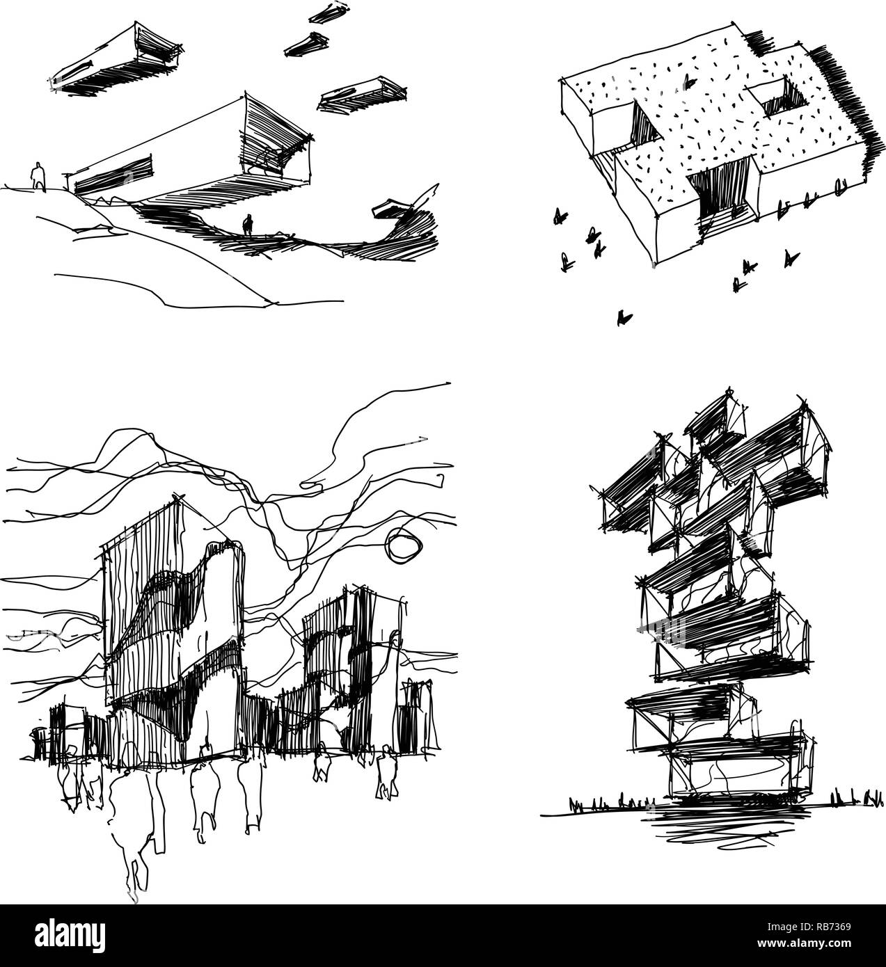 Vier Hand gezeichnet architectectural Skizzen der modernen abstrakten Architektur mit Menschen um Stock Vektor