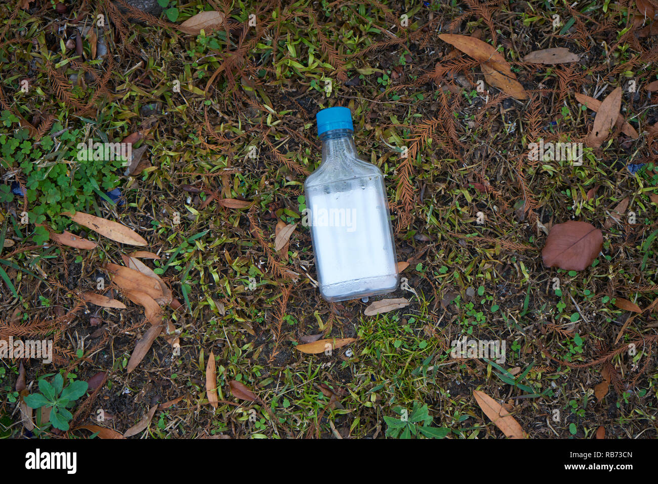 Leere Schnapsflasche auf der Straße. Stockfoto