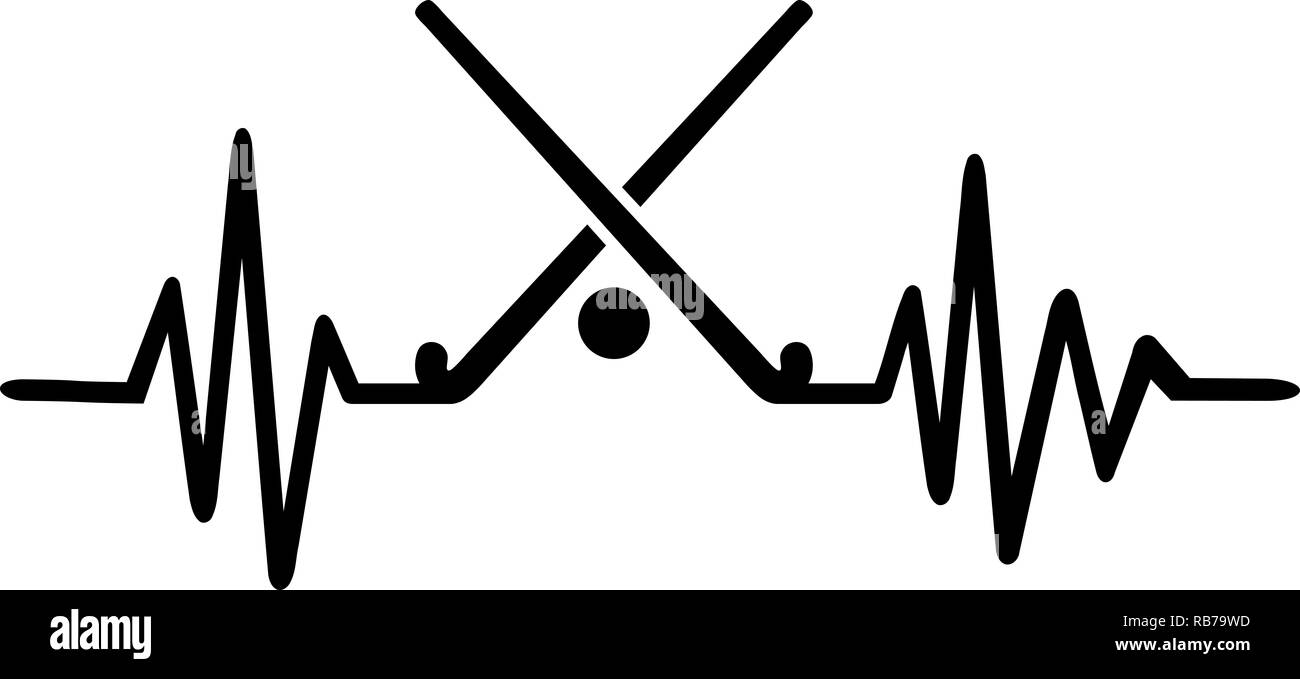 Heartbeat puls Linie mit zwei gekreuzten hockey Sticks, eine Kugel und eine deutsche Wort Stockfoto