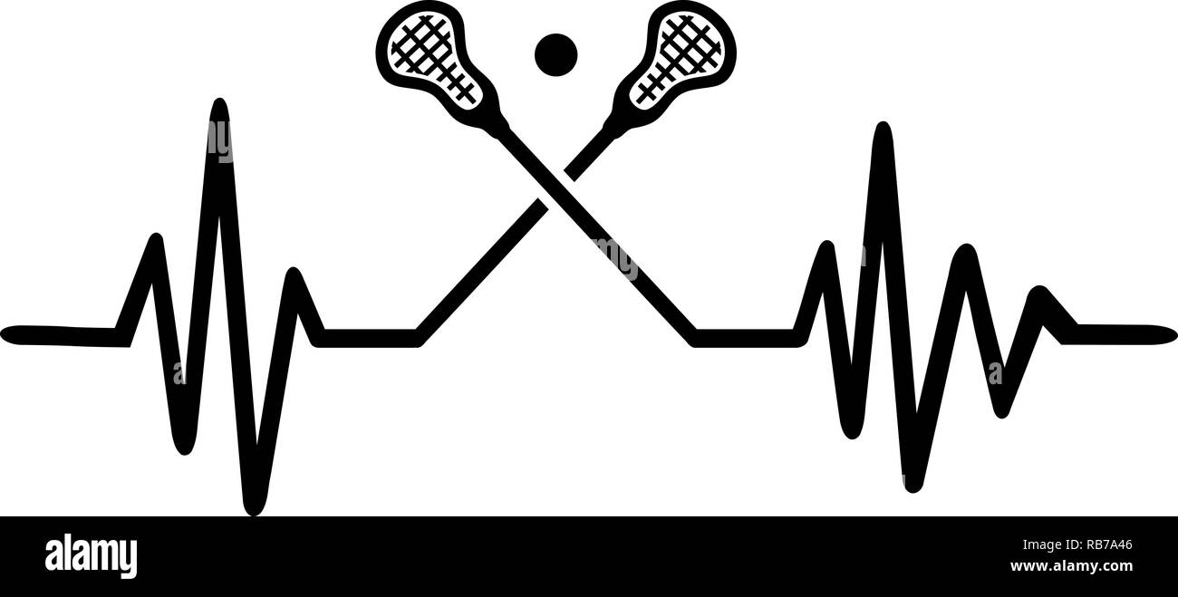 Heartbeat puls Linie mit zwei gekreuzten Lacrosseschläger und eine Kugel Stockfoto