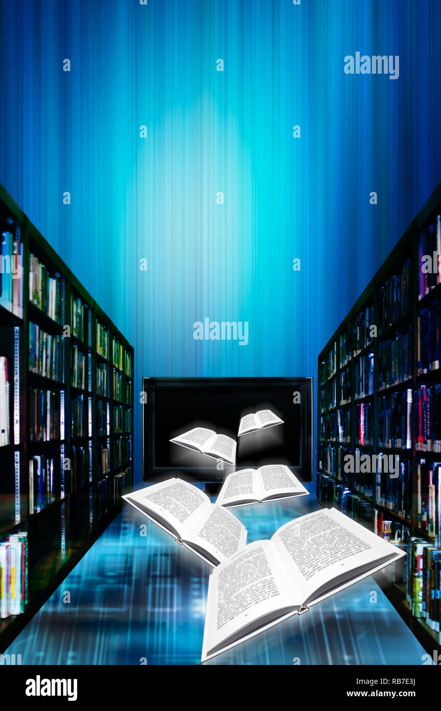 Bücher, die von einem Computer überwachen, Konzept für Online- oder digitale Bibliothek Stockfoto