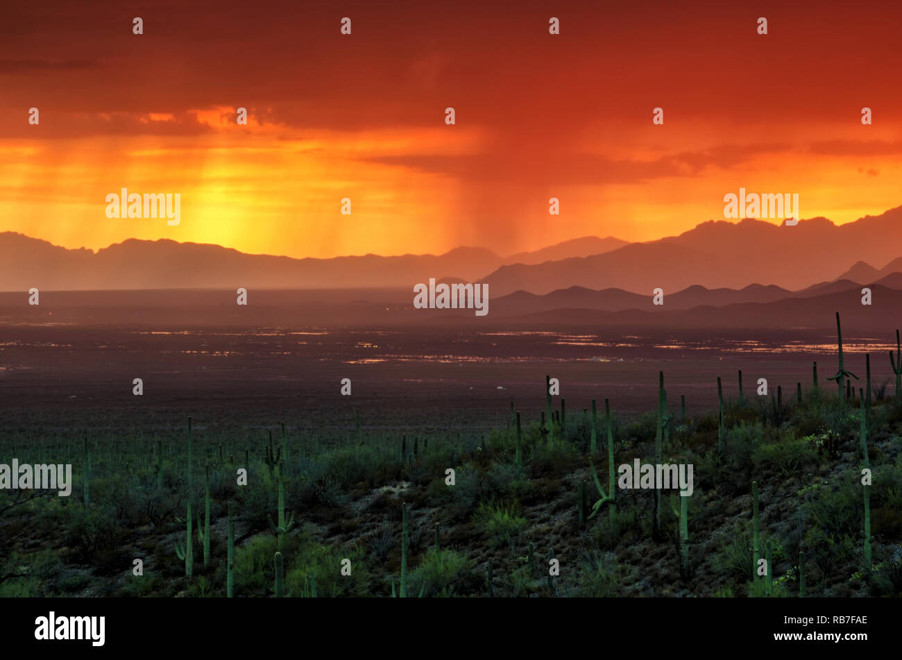 Arizona Sonnenuntergang über Avra Valley im Sommer Monsun Stockfoto