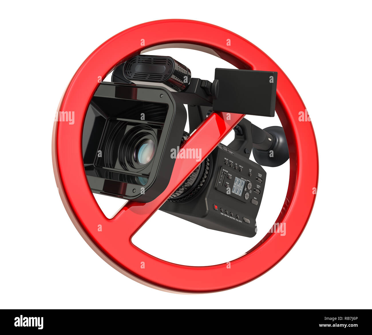 Verboten Schild mit TV-Kamera. 3D-Rendering auf weißem Hintergrund Stockfoto