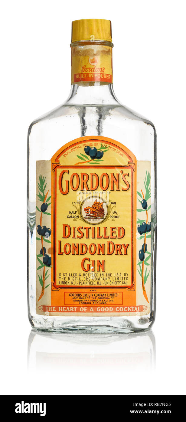 Die Vorderansicht Eines Vintage Halbe Gallone Flasche Gordon S London Dry Gin Destilliert Aus Den 1970er Jahren Und Produziert In Amerika Stockfotografie Alamy