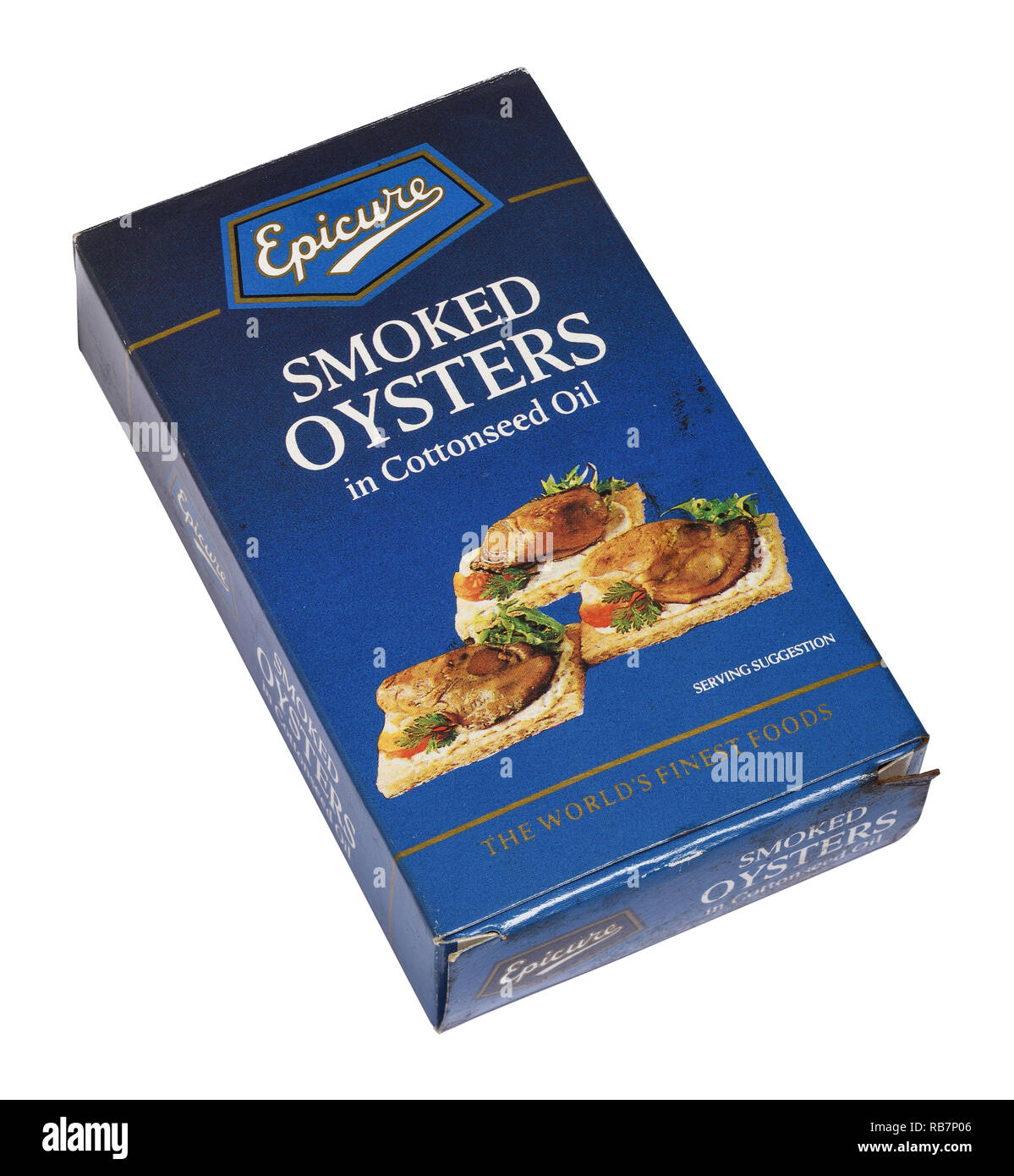 Die äußere Verpackung aus Pappe für eine Dose geräucherte Austern Stockfoto