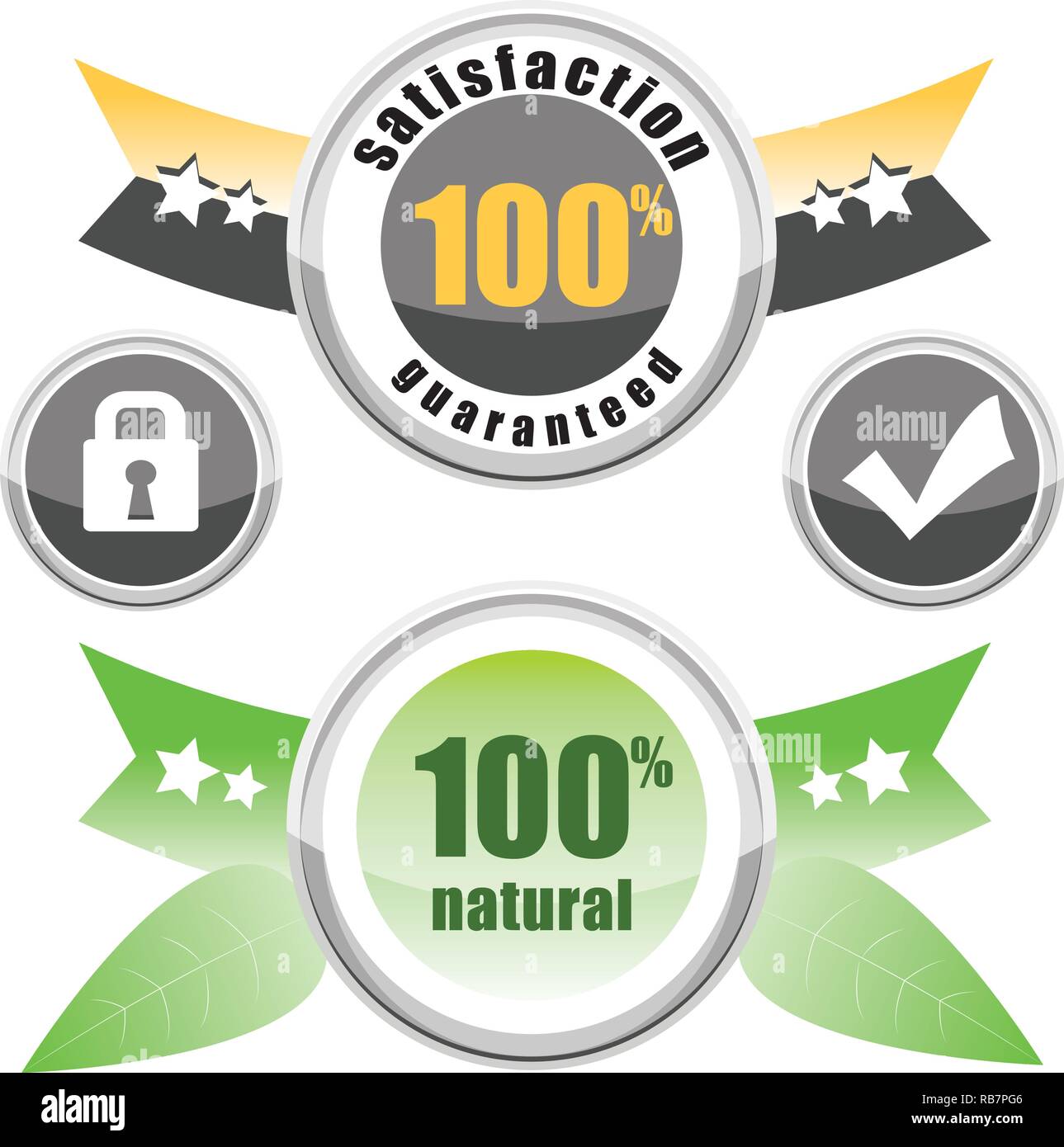 Legen Sie Etiketten, 100% Zufriedenheit garantiert, Tasten sperren und prüfen Stock Vektor