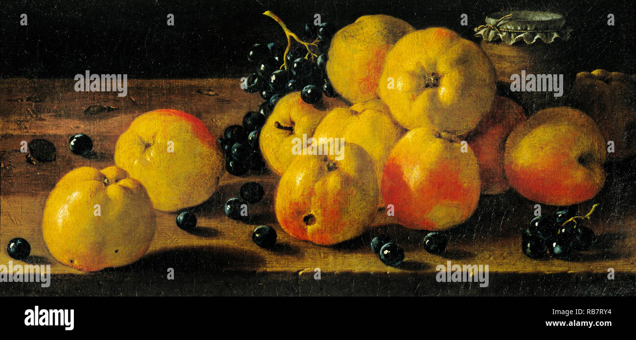 Luis Egidio Melendez, Stillleben mit Äpfeln, Trauben und einen Topf mit Marmelade, 18. Jahrhundert, Öl auf Leinwand, Museu Nacional d'Art de Catalunya, Barcelona, Spanien. Stockfoto