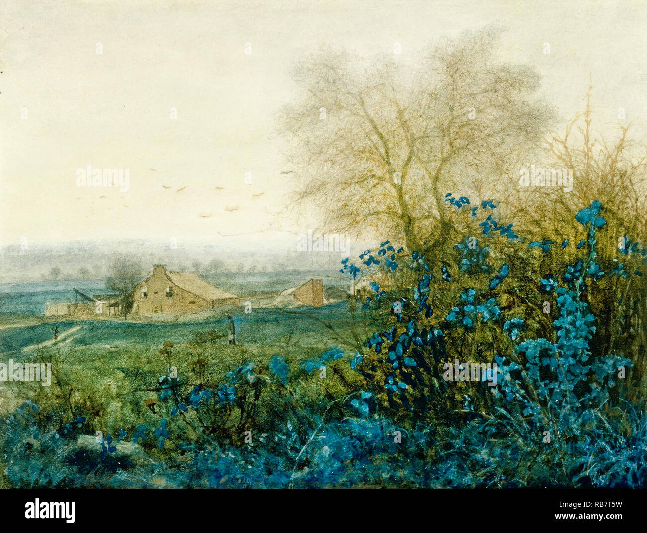 Leon Bonvin, Landschaft mit einem Bauernhaus und ein Bauer Wheeling ein Barrow, 1865 Aquarell, das Museum der feinen künste, Houston, Texas, USA. Stockfoto