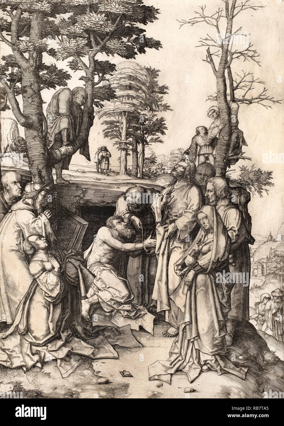 Lucas van Leyden, die Auferweckung des Lazarus, ca. Gravur 1508, National Gallery, Washington, D.C., USA. Stockfoto