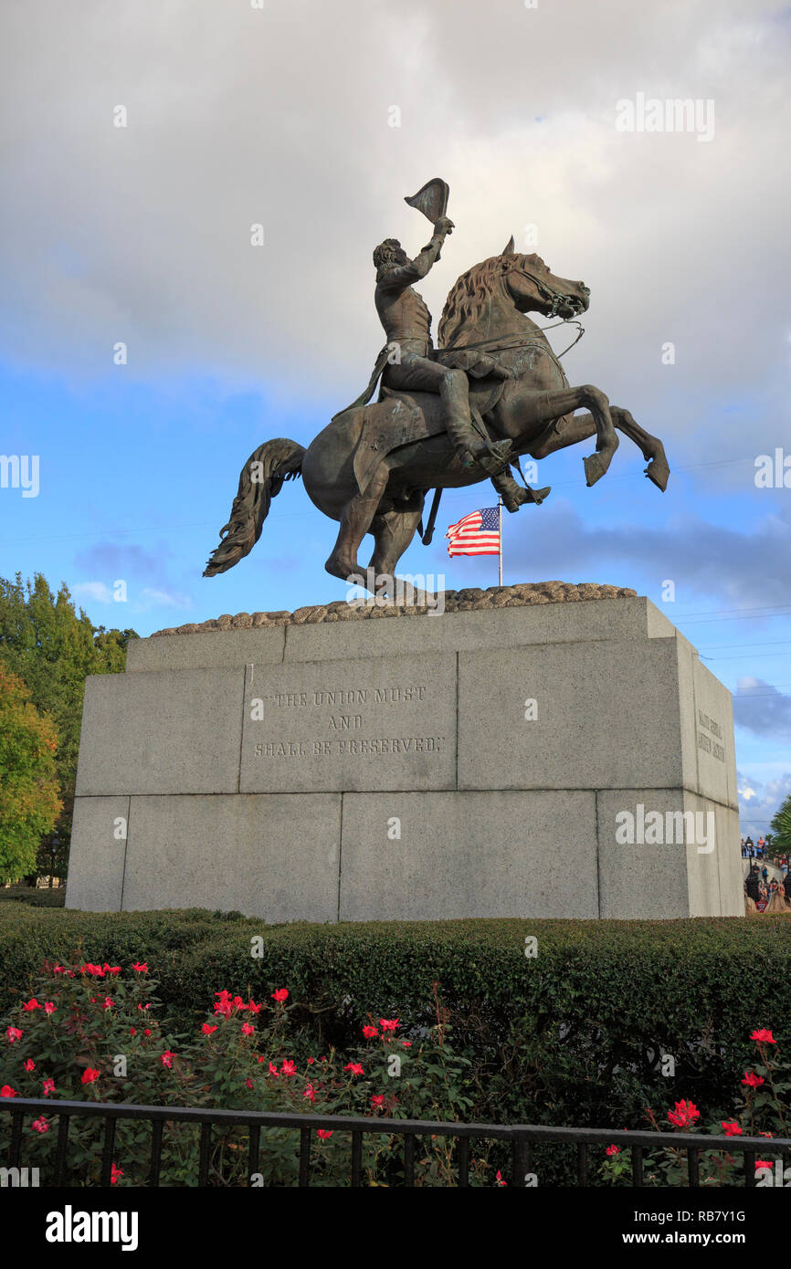 Jackson Square mit Statue von Andrew Jackson, French Quarter von New Orleans. Stockfoto