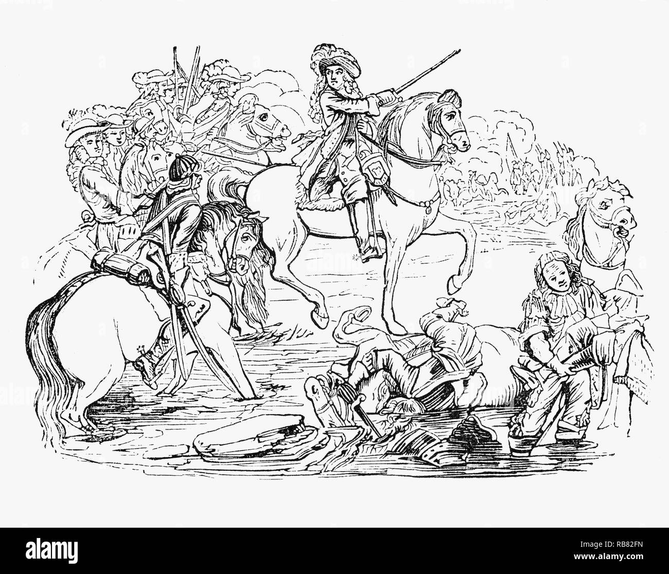 Die Schlacht am Boyne im Jahre 1690 zwischen den Kräften des gestürzten König Jakob II. von England, und der niederländischen Prinzen Wilhelm von Oranien, der mit seiner Frau Maria II (sein Vetter und James's Tochter), den Kronen von England und Schottland im Jahre 1688 beigetreten war. Die Schlacht fand auf der anderen Seite des Flusses Boyne in der Nähe von Drogheda im Königreich Irland, modernen Republik Irland, und führte zu einem Sieg für William. Diese wandte sich die Flut James's Versuch der britischen Krone und schließlich bei der Gewährleistung der Fortsetzung protestantische Vorherrschaft in Irland aided wiederzugewinnen. Stockfoto
