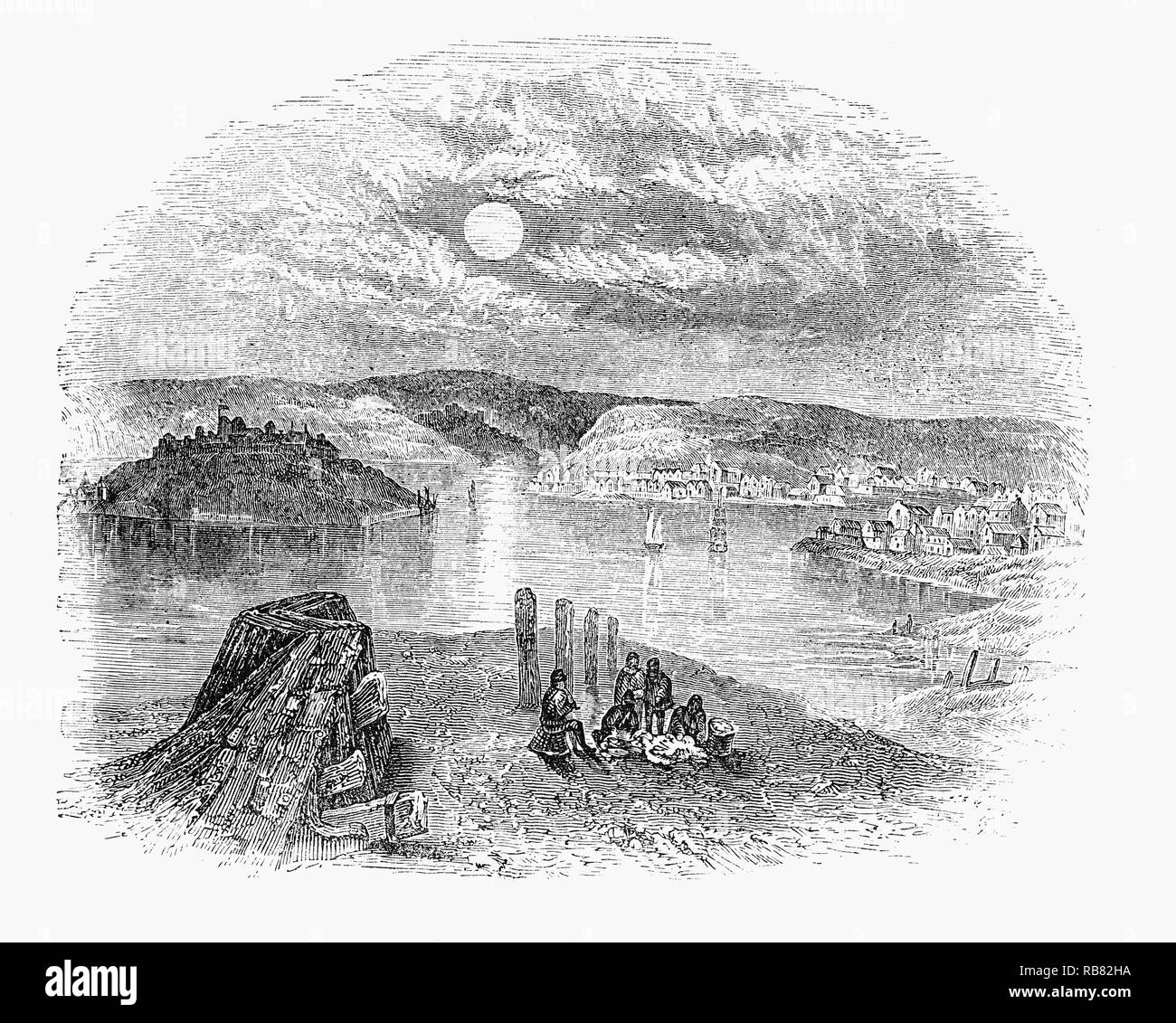 Den Hafen von Kinsale, County Cork in Irland, wo König James II. von England und Irland (James VII von Schottland) am Kinsale im März 1689 mit einer Kraft von 2.500 Männern landete, hat mit der Unterstützung von König Louis XIV., als Teil seiner Kampagne macht in England, Schottland und Irland zu erlangen. 1690, Jakob II. von England zurück zu Exil in Frankreich von Kinsale, nach seiner Niederlage in der Schlacht am Boyne von William III. von England nach der Glorious Revolution (oder Revolution von 1688). Stockfoto