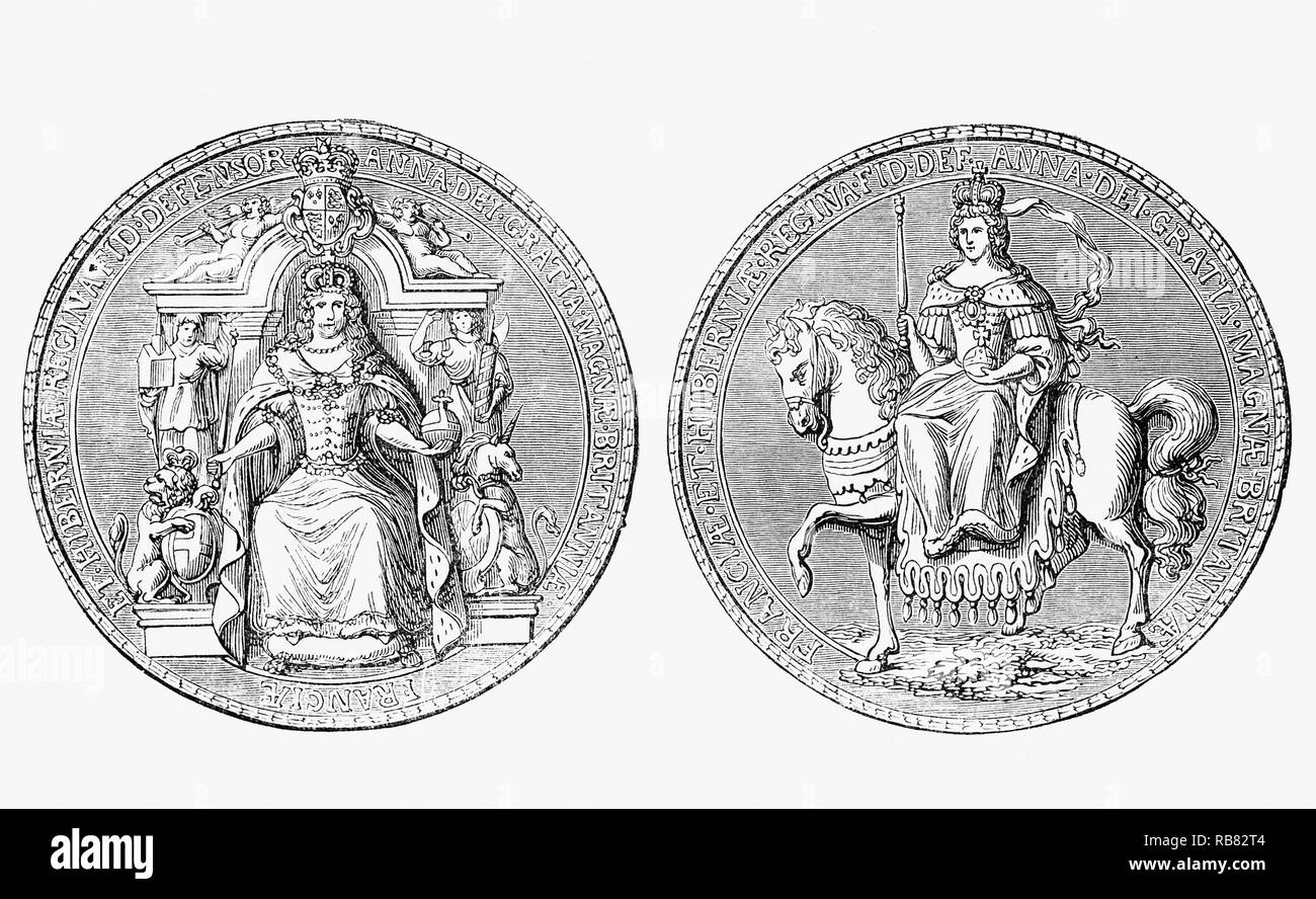 Das große Siegel der Reich, verwendet die Zustimmung des Monarchen von wichtigen staatlichen Dokumente für Anne (1665-1714), Königin von England, Schottland und Irland zwischen dem 8. März 1702 und 1. Mai 1707 zu zeigen. Diese Dichtung war vor dem 1. Mai 1707, wenn im Rahmen der Rechtsakte der Union, zwei ihrer Bereiche, die Königreiche von England und Schottland, Vereinigten als ein souveräner Staat in Großbritannien bekannt. Sie fuhr fort zu Herrschaft als Königin von Großbritannien und Irland bis zu ihrem Tod im Jahre 1714. Stockfoto