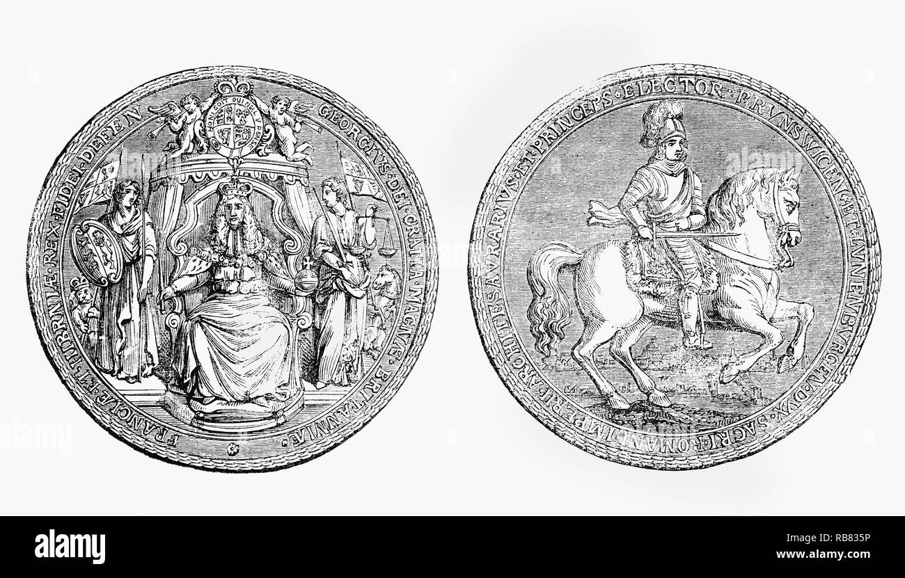 Das große Siegel der Reich, verwendet die Zustimmung des Monarchen von wichtigen staatlichen Dokumente für George I (1660-1727), in Hannover, Deutschland, König von Großbritannien und Irland von 1 Geboren August 1714 bis zu seinem Tod im Jahre 1727 zu zeigen. Im Alter von 54 Jahren, nach dem Tod seiner zweiten Cousin Anne, Königin von Großbritannien, George bestieg den britischen Thron als der erste Monarch des Hauses Hannover. Obwohl über 50 Katholiken näher waren, Anne durch das Erstgeburtsrecht, den Akt der Siedlung 1701 verboten die Katholiken von Erben der britischen Thron; George war Anne's nächsten lebenden Evangelischen relativ. Stockfoto Das große Siegel der Reich, verwendet die Zustimmung des Monarchen von wichtigen staatlichen Dokumente für George I (1660-1727), in Hannover, Deutschland, König von Großbritannien und Irland von 1 Geboren August 1714 bis zu seinem Tod im Jahre 1727 zu zeigen. Im Alter von 54 Jahren, nach dem Tod seiner zweiten Cousin Anne, Königin von Großbritannien, George bestieg den britischen Thron als der erste Monarch des Hauses Hannover. Obwohl über 50 Katholiken näher waren, Anne durch das Erstgeburtsrecht, den Akt der Siedlung 1701 verboten die Katholiken von Erben der britischen Thron; George war Anne's nächsten lebenden Evangelischen relativ. Stockfoto