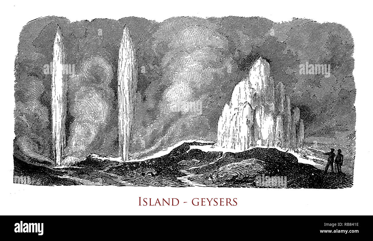 Vintage Gravur von Island Geysire, natürliche Phänomene der heiße Quellen in geothermische Gebiete Stockfoto