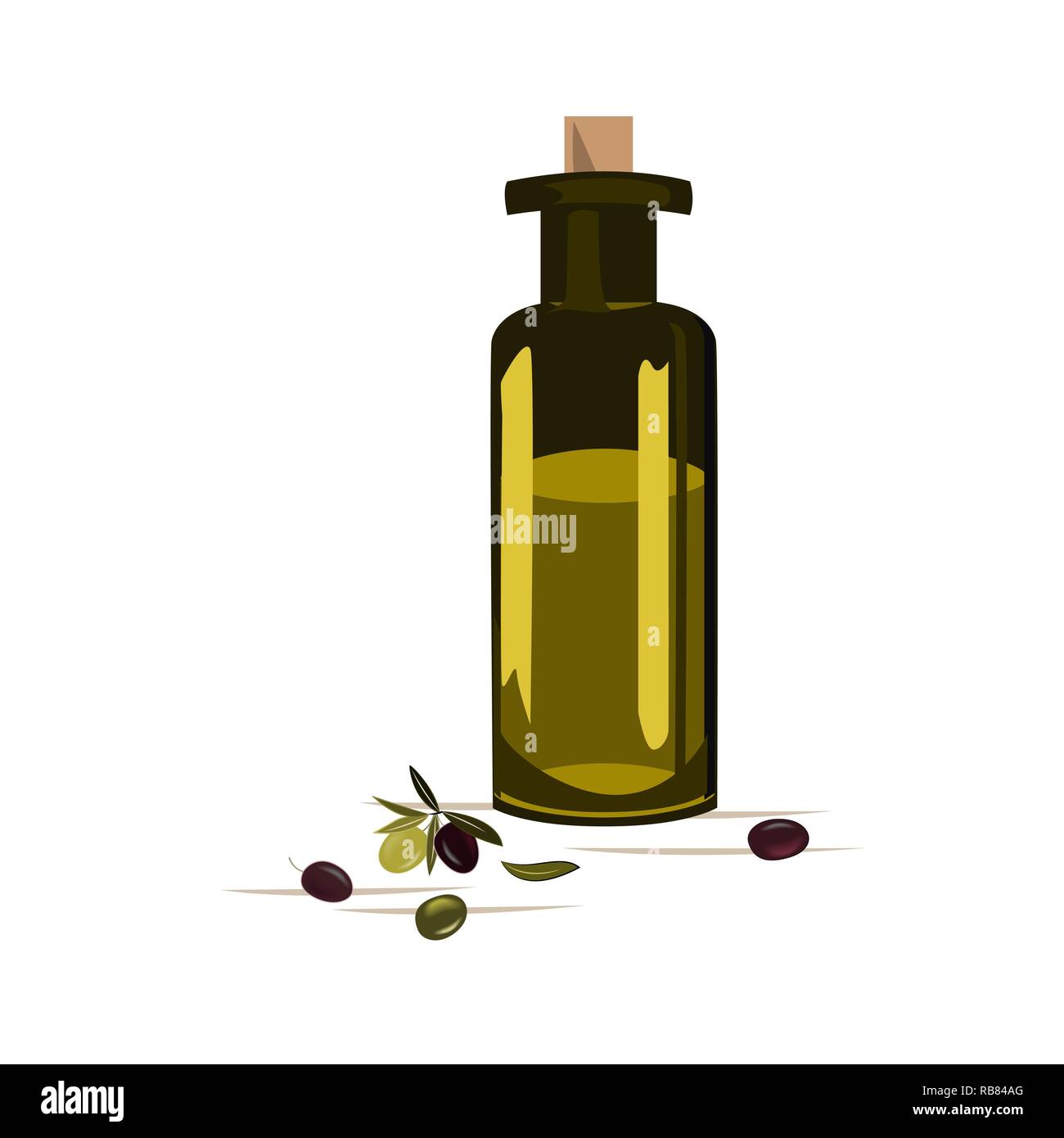 Glasflasche mit Olivenöl und Oliven isoliert auf Weiss. Vector Illustration. Stock Vektor