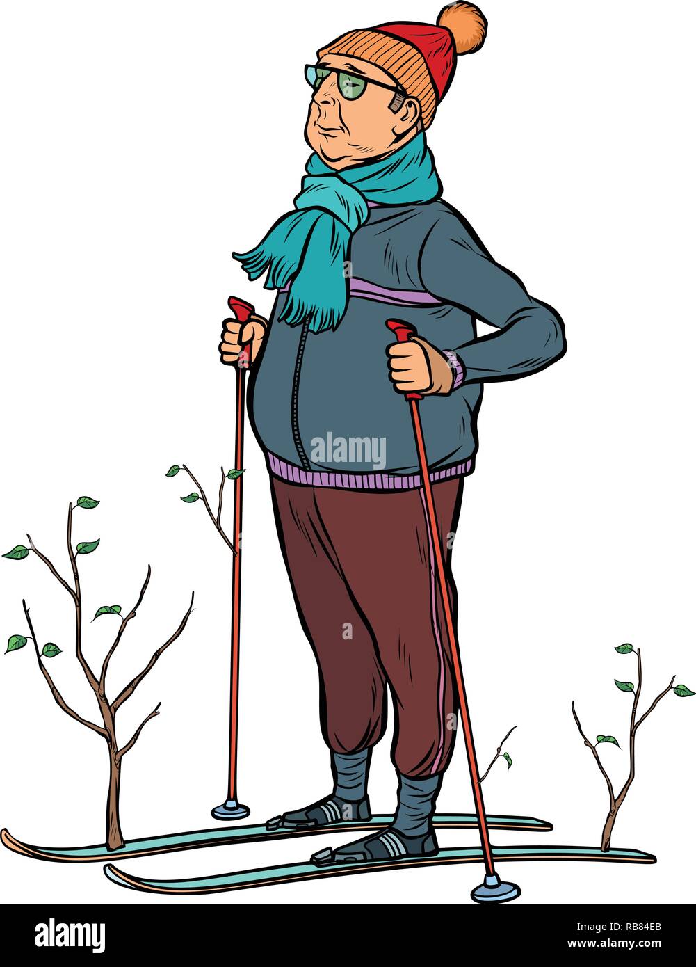 Skifahrer Mann in einem Wald von jungen Bäumen. Pop Art retro Vektor Illustration kitsch Vintage Stock Vektor