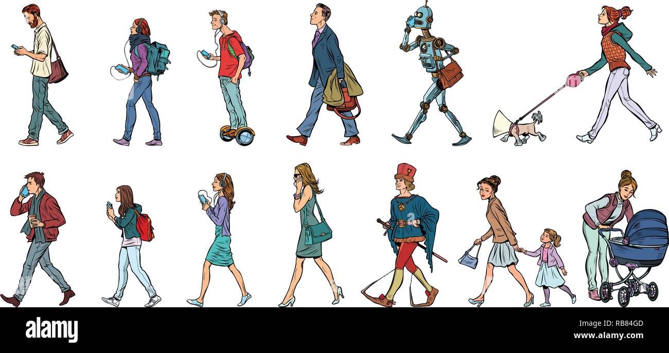 Set Sammlung von Fußgängern Menschen gehen. Frauen Männer Roboter Hund. Moderne und retro. Pop Art Vector Illustration kitsch Vintage Stock Vektor