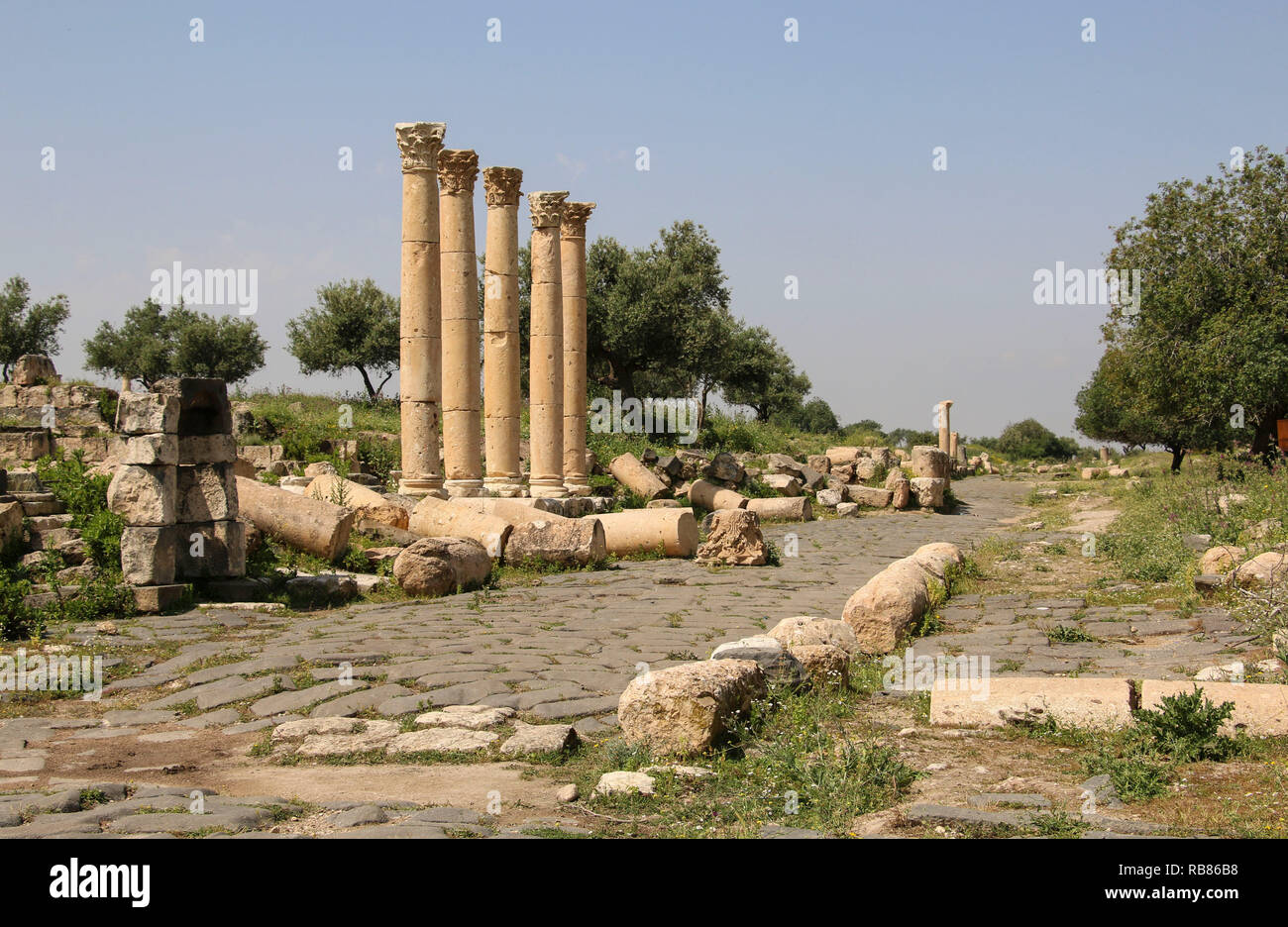 Römische Ruinen in Umm Qais im Norden von Jordanien in der Nähe der antiken Stadt Gadara Stockfoto