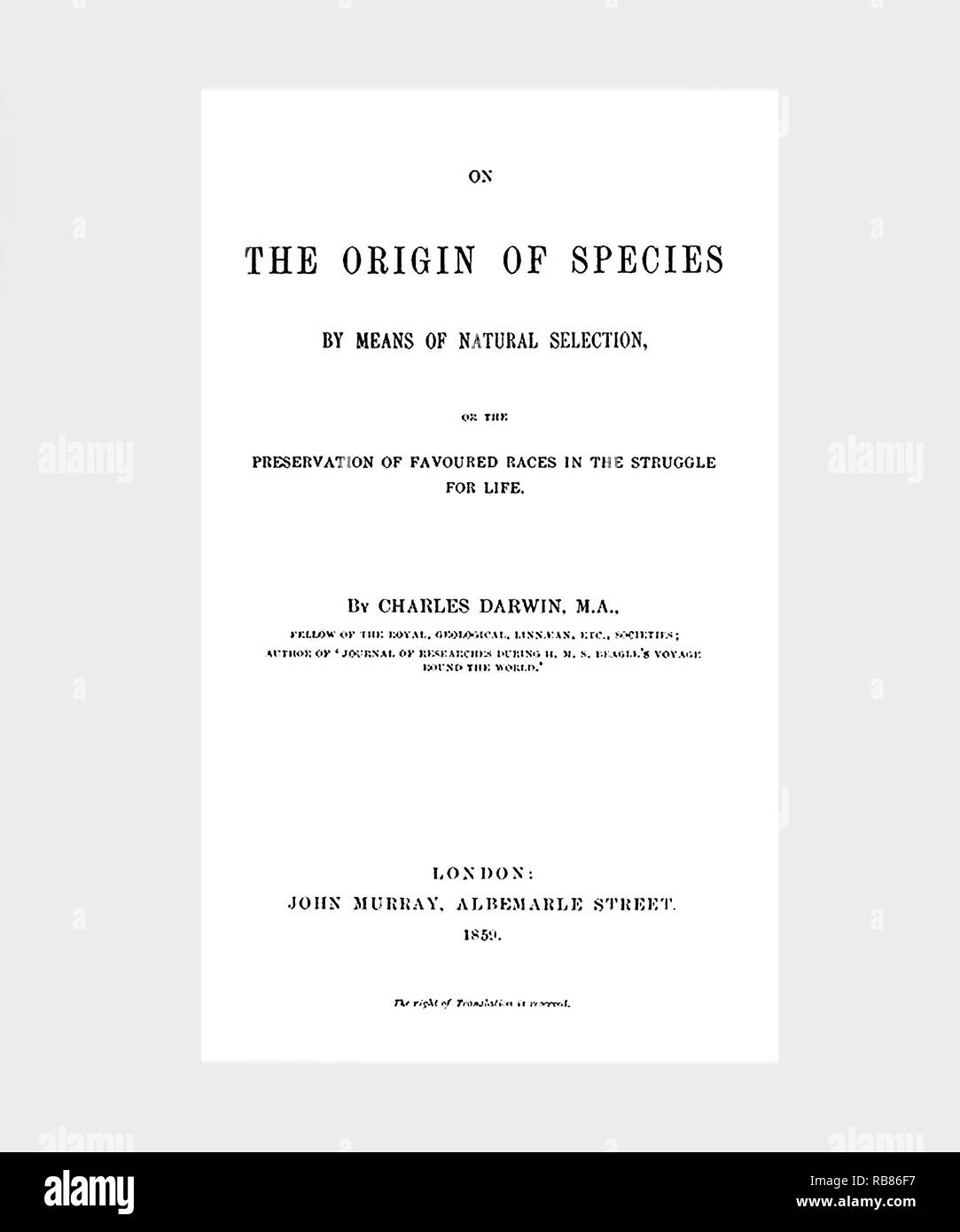 Titel Seite Die Entstehung der Arten durch natürliche Selektion 1859 gereinigt und neu eingestellt Stockfoto