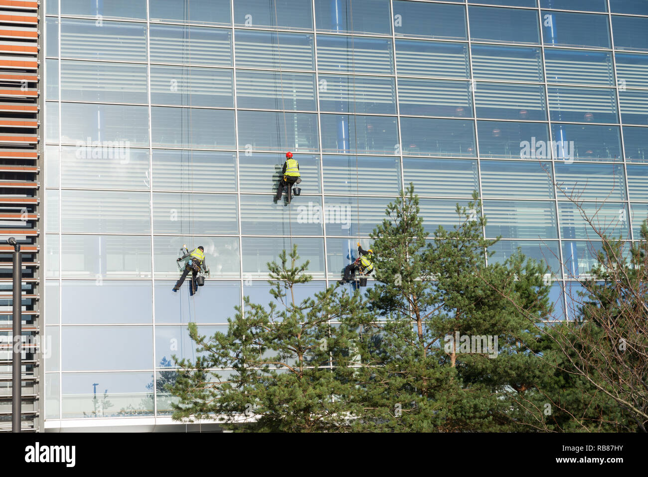 Fensterputzer absailing auf Millenium Punkt in der Eastside, Birmingham Stockfoto