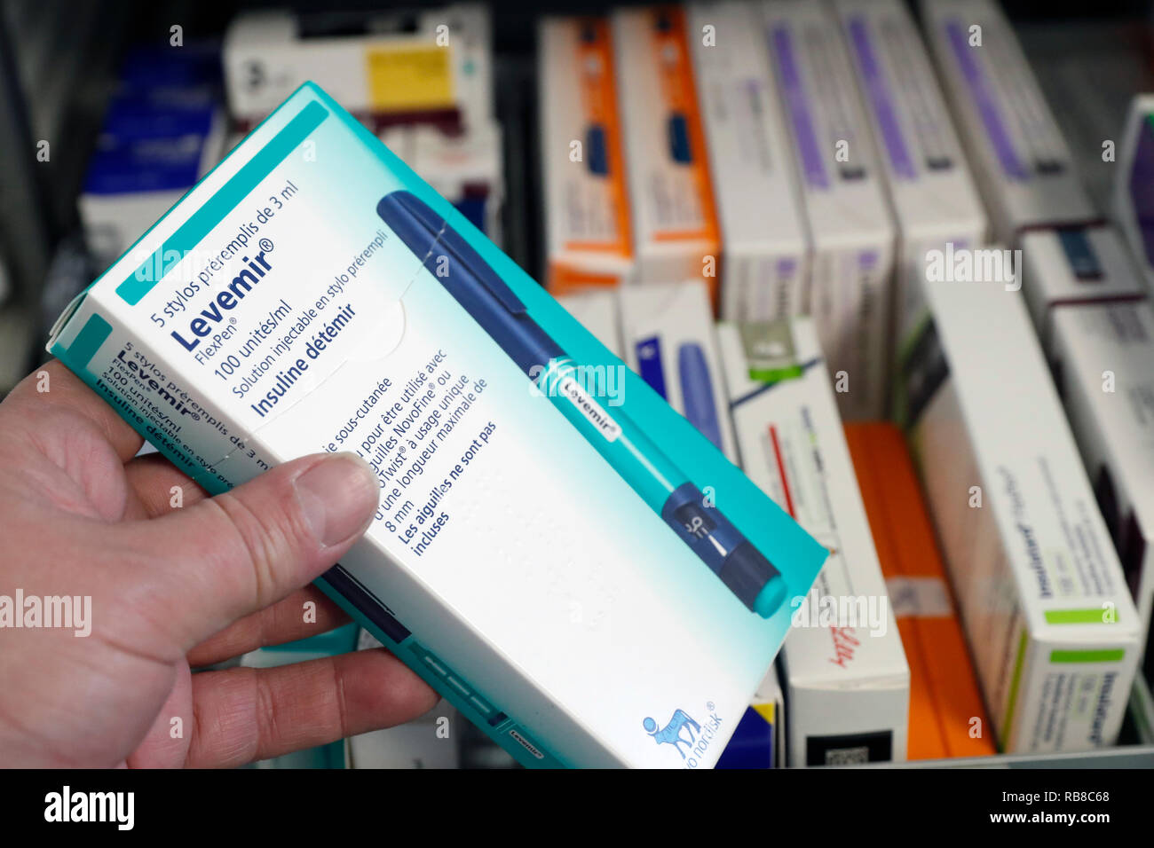 Apotheke. Drogen in einer Schublade. Levemir (Insulin detemir). Frankreich. Stockfoto