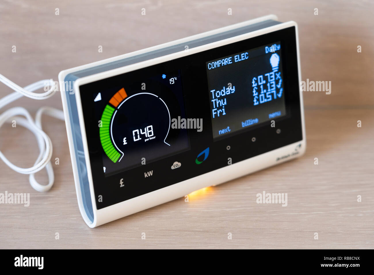 Ein British Gas Smart Meter in einem Home Übersicht Stromverbrauch pro Stunde und den Vergleich mit der vorherigen Tage Nutzung Stockfoto