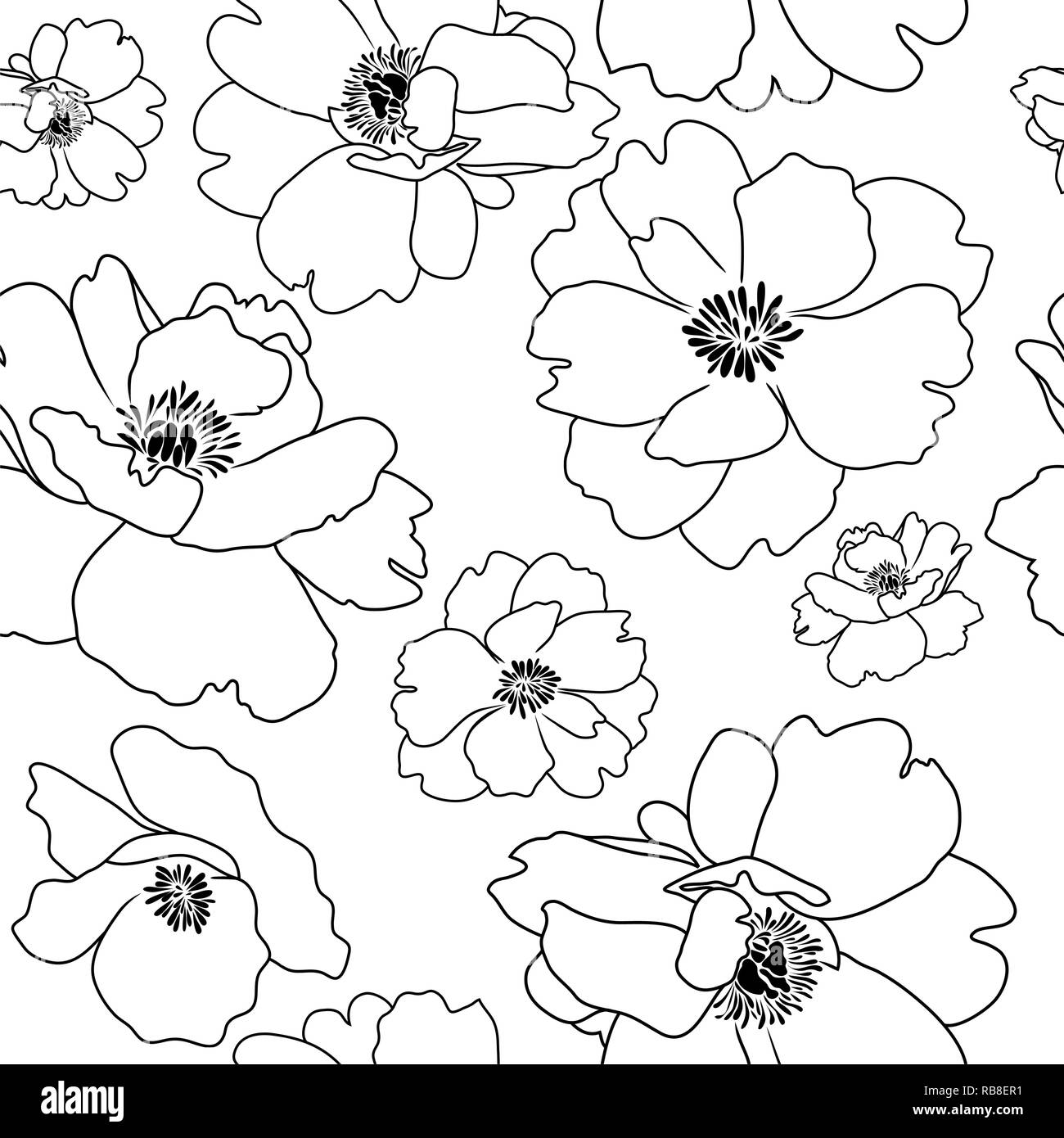 Nahtlose Hintergrund, poppy flower Umrisse, schwarzen Konturen auf Weiß Stock Vektor