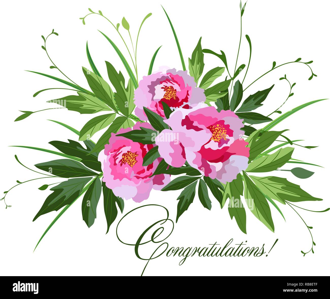 Blumen auf weißem Hintergrund, Vektor Blumenstrauß mit Pfingstrosen, Blätter und Grün, Grußkarte Stock Vektor