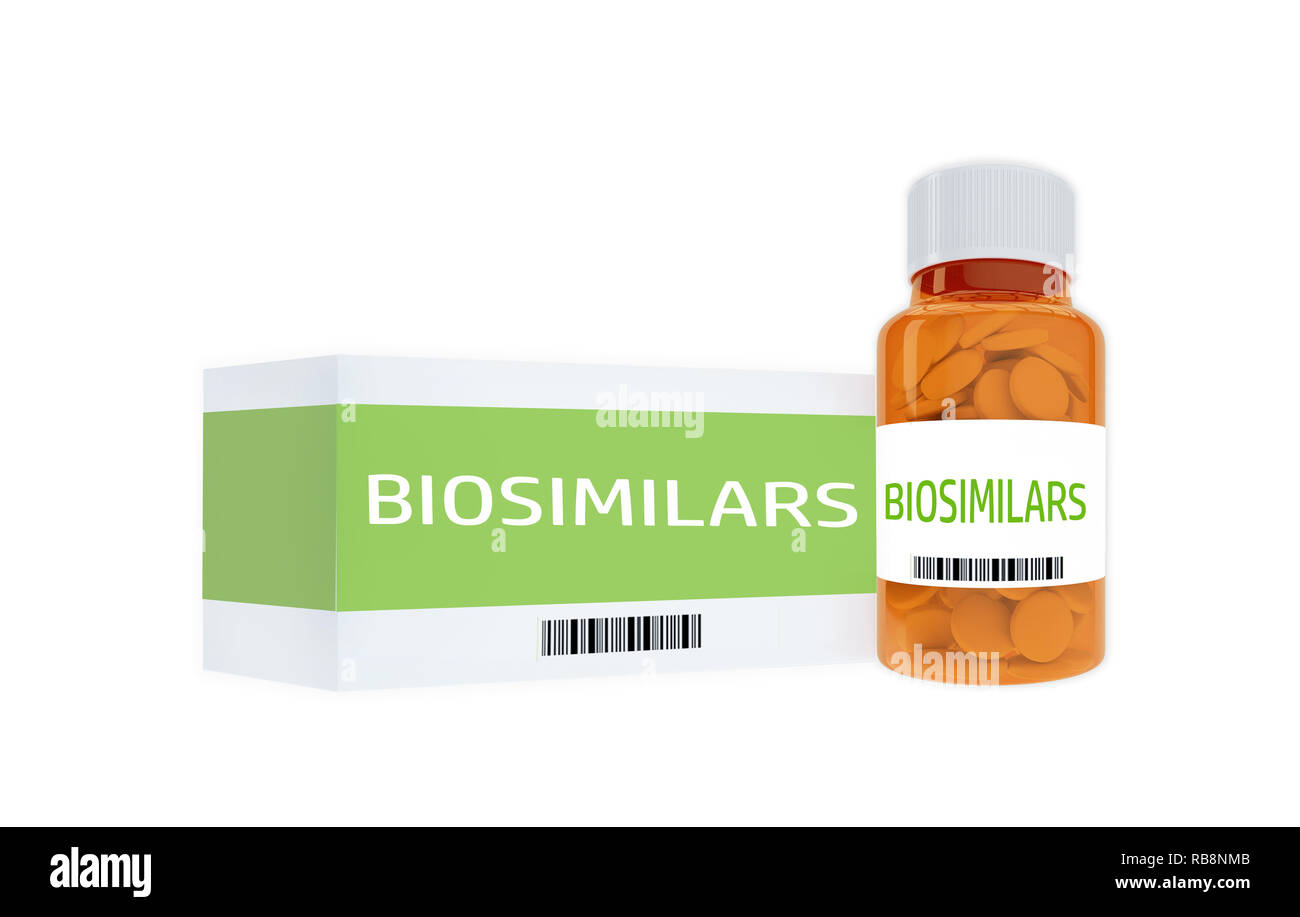 3D-Darstellung von BIOSIMILARS Titel auf Pille Flasche, isoliert auf Weiss. Stockfoto