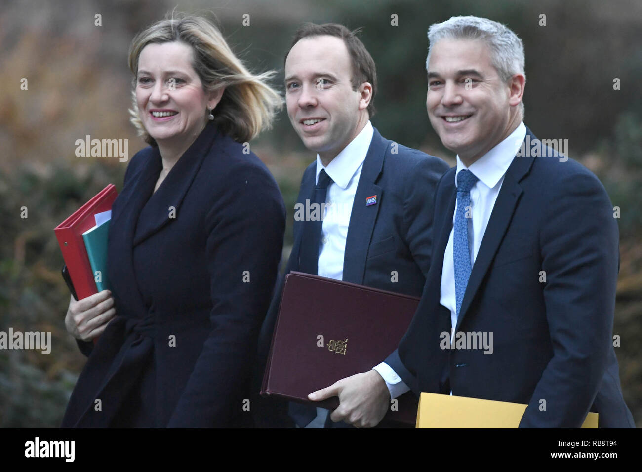 (Von links nach rechts) Arbeit und Altersversorgung Sekretär Amber Rudd, Gesundheit und Soziales Sekretärin Matt Hancock und Brexit Staatssekretär Stephen Barclay, in Downing Street, London, für eine Sitzung. Stockfoto