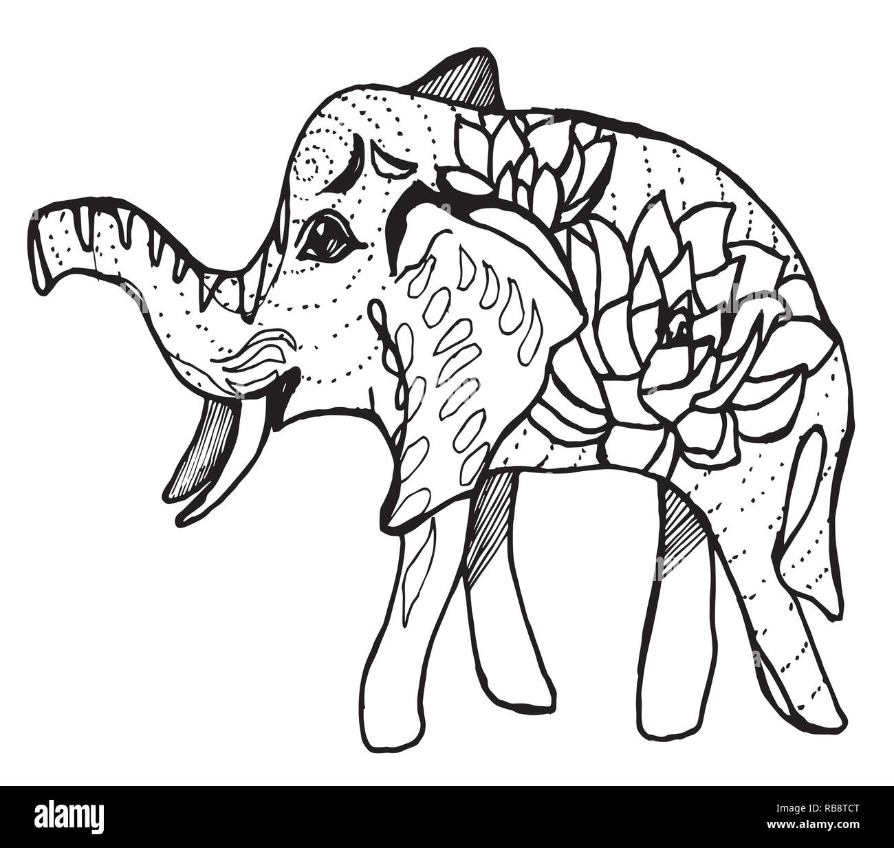 Abbildung: ein Elefant mit Blumen und Muster auf der Seite. Stock Vektor