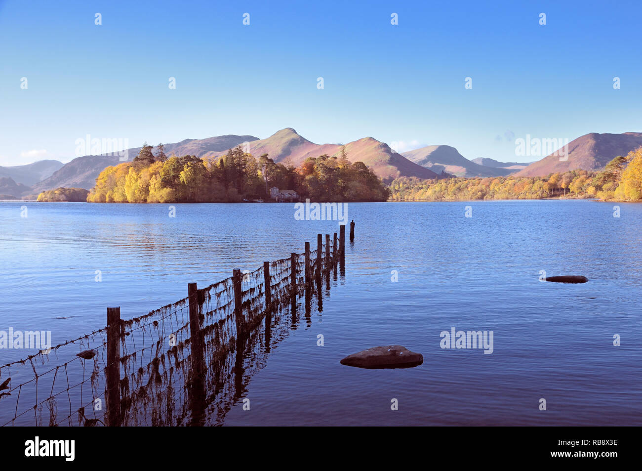 Blick vom Ufer des Derwentwater in Richtung Derwent Isle und Catbells, Lake District, England, Großbritannien Stockfoto