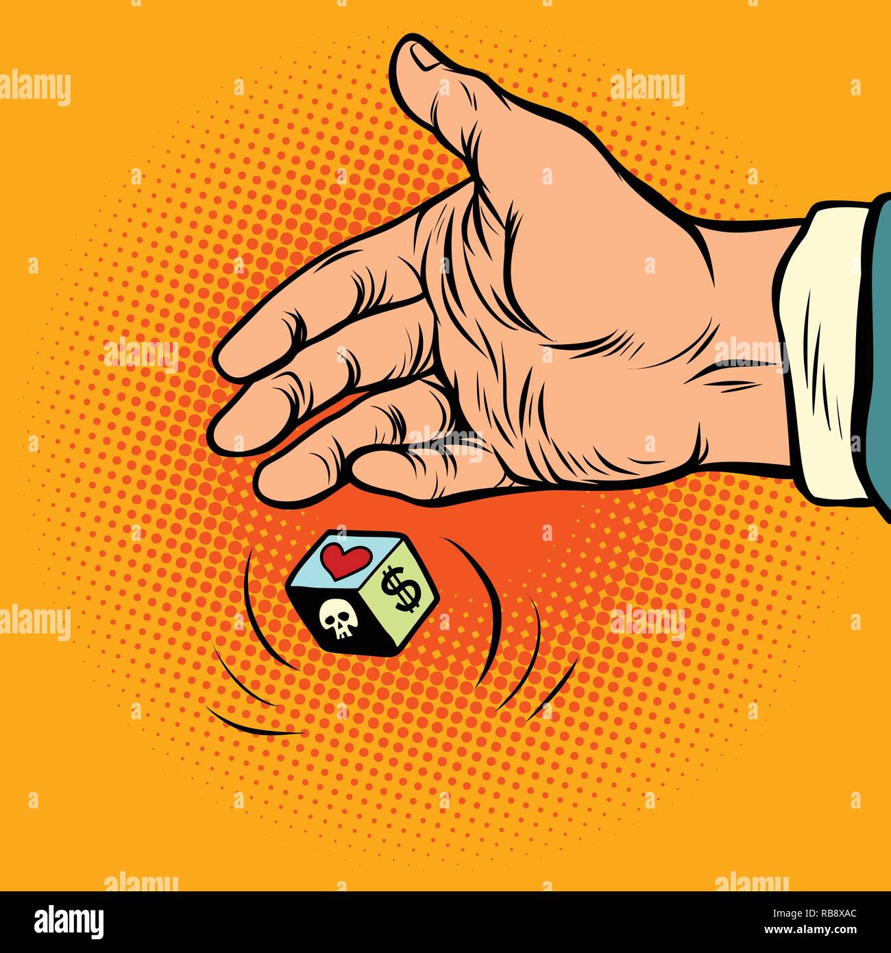 Entscheidung zwischen Liebe und Geld. hand Würfel wirft. Comic cartoon Pop Art retro Vektor illustration Zeichnung Stock Vektor